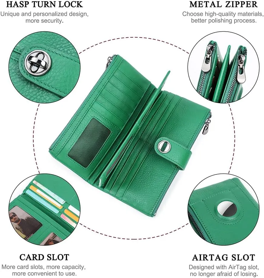 Full Grain Leather Airtag Wallet Clasp Lock Wallets for Women RFID Blocking Phone Card Holder Zipper Clutch Purse (Green)