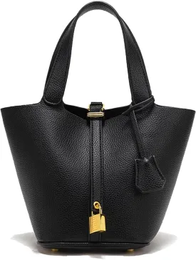 Genuine Leather Purses and Soft Bucket Bags, Stylish Lock Design Solid Color Tote Bag, Lychee Pattern Basket Bags