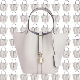 Genuine Leather Purses and Soft Bucket Bags, Stylish Lock Design Solid Color Tote Bag, Lychee Pattern Basket Bags