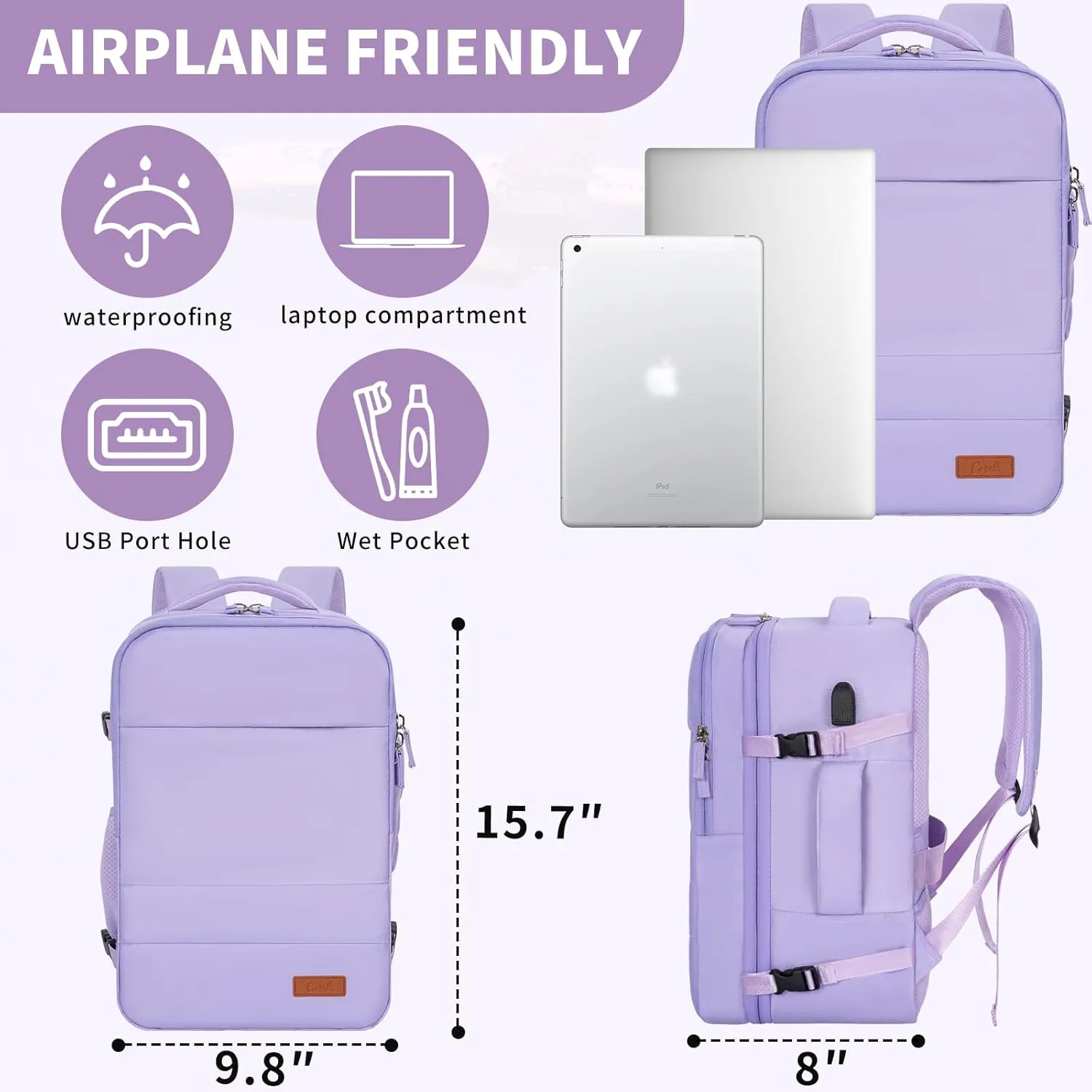 GMAK Travel Backpack for Men Women, Carry on Backpack with USB Charging Port, 15.6 inch Laptop Backpack Lightweight Cabin Bag Casual Daypack 20L Luggage Bags for College, Business, Travel, Purple