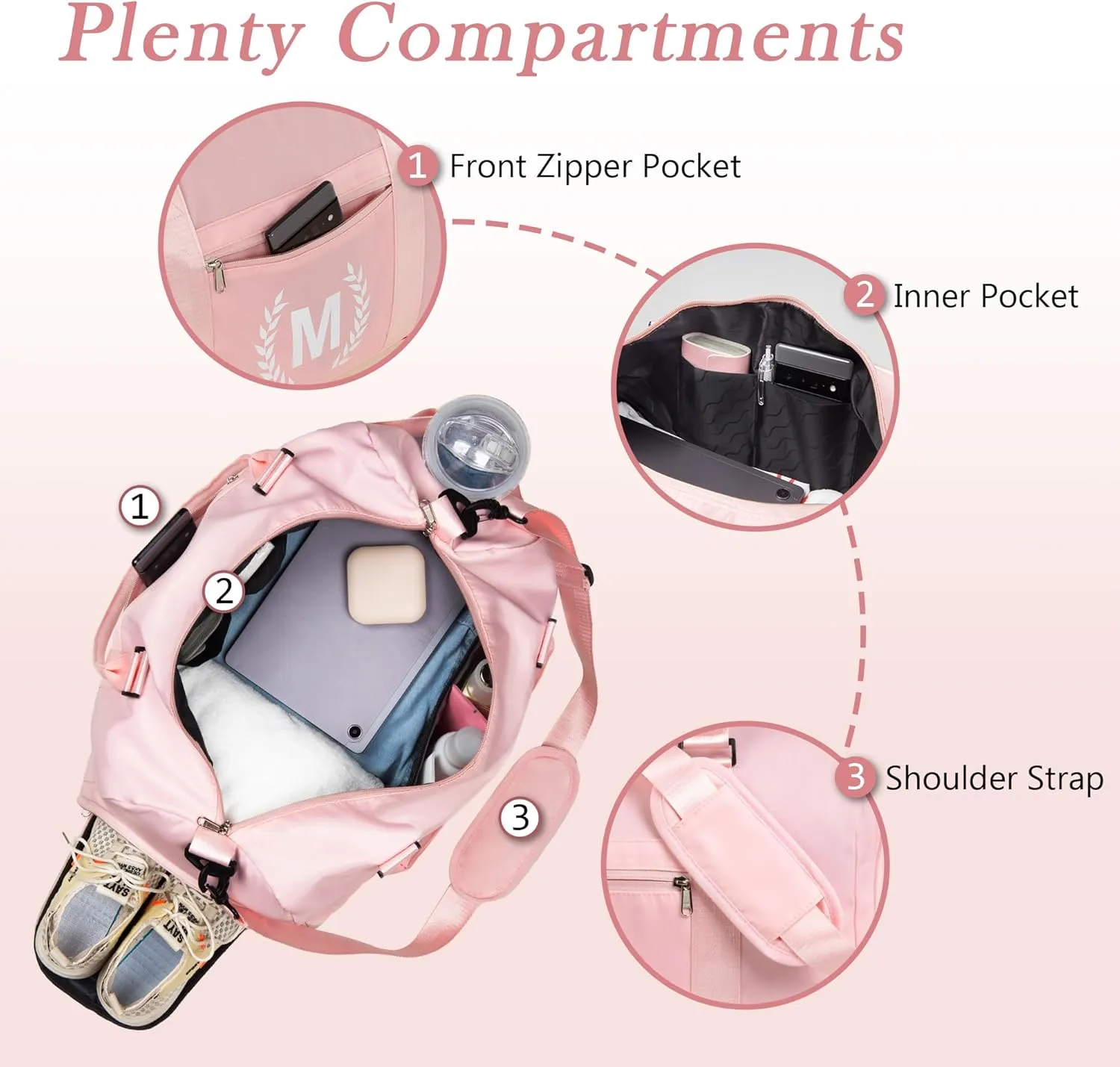 Gym Bag for Women, Personalized Duffle Bag with Shoe Compartment, Sports Bag for Yoga & Dance with Wet Pocket and Mat Strap.