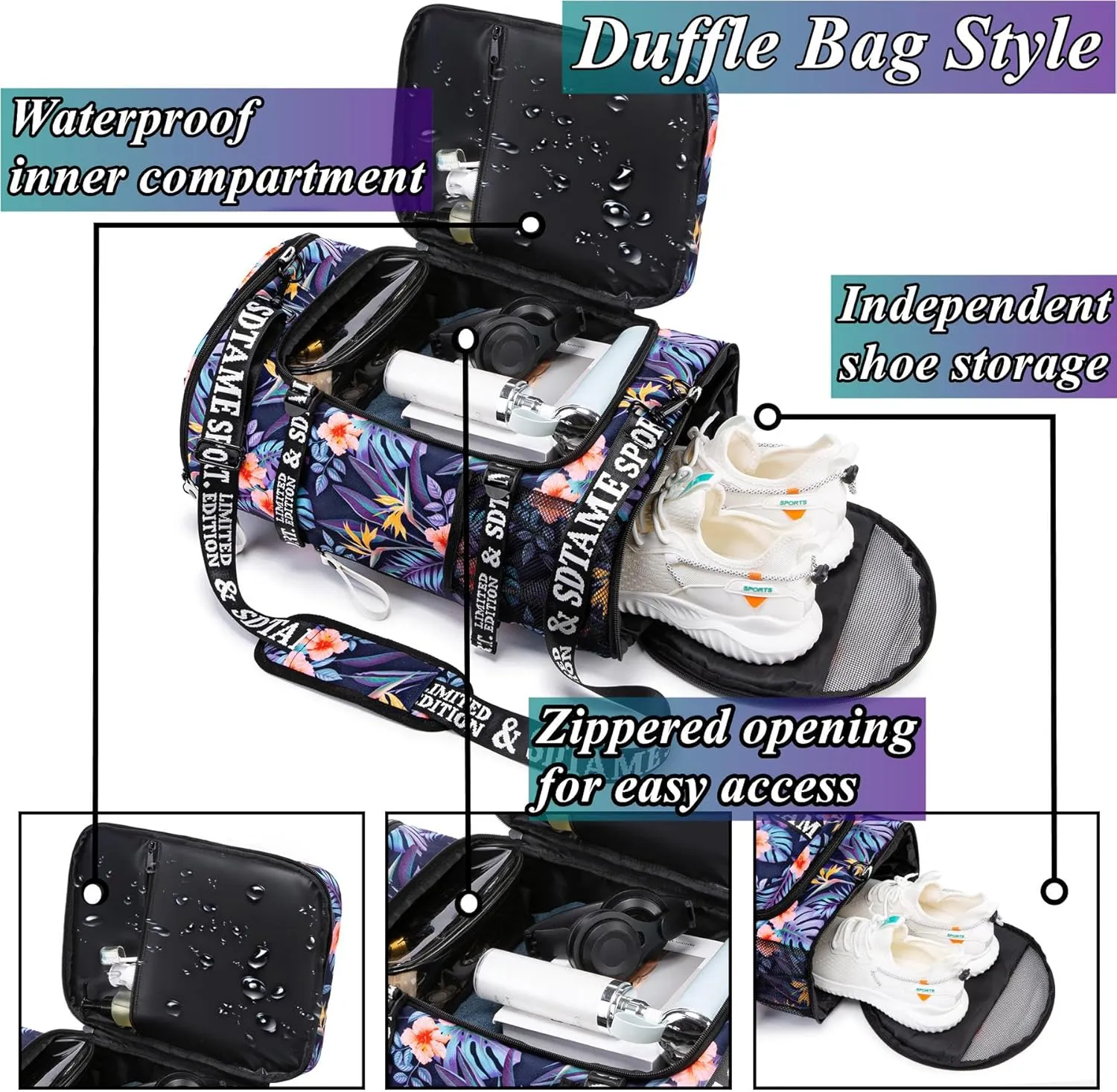 Gym Duffle Bag Backpack with Shoe Compartment,4 ways Travel Backpack for Women and Men,Multi-Functional Weekender bag with Waterproof Layer&Laptop Compartment for Fitness, Travel,Camping