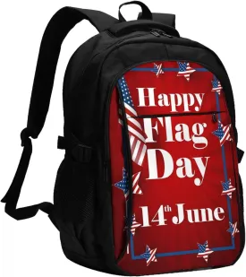 Happy Flag Day American Flag Travel Backpack Laptop Backpacks Business Rucksack Outdoor Daypack Large Sport Bag with Luggage Strap USB Charging Port for Hiking Working