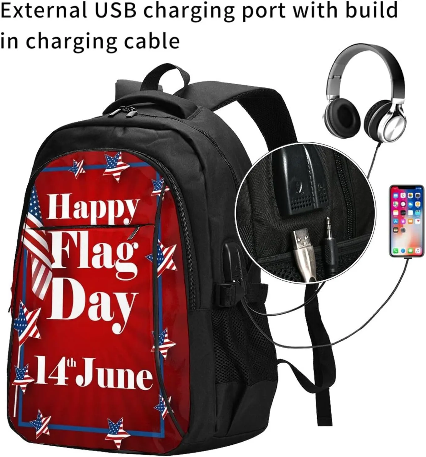 Happy Flag Day American Flag Travel Backpack Laptop Backpacks Business Rucksack Outdoor Daypack Large Sport Bag with Luggage Strap USB Charging Port for Hiking Working