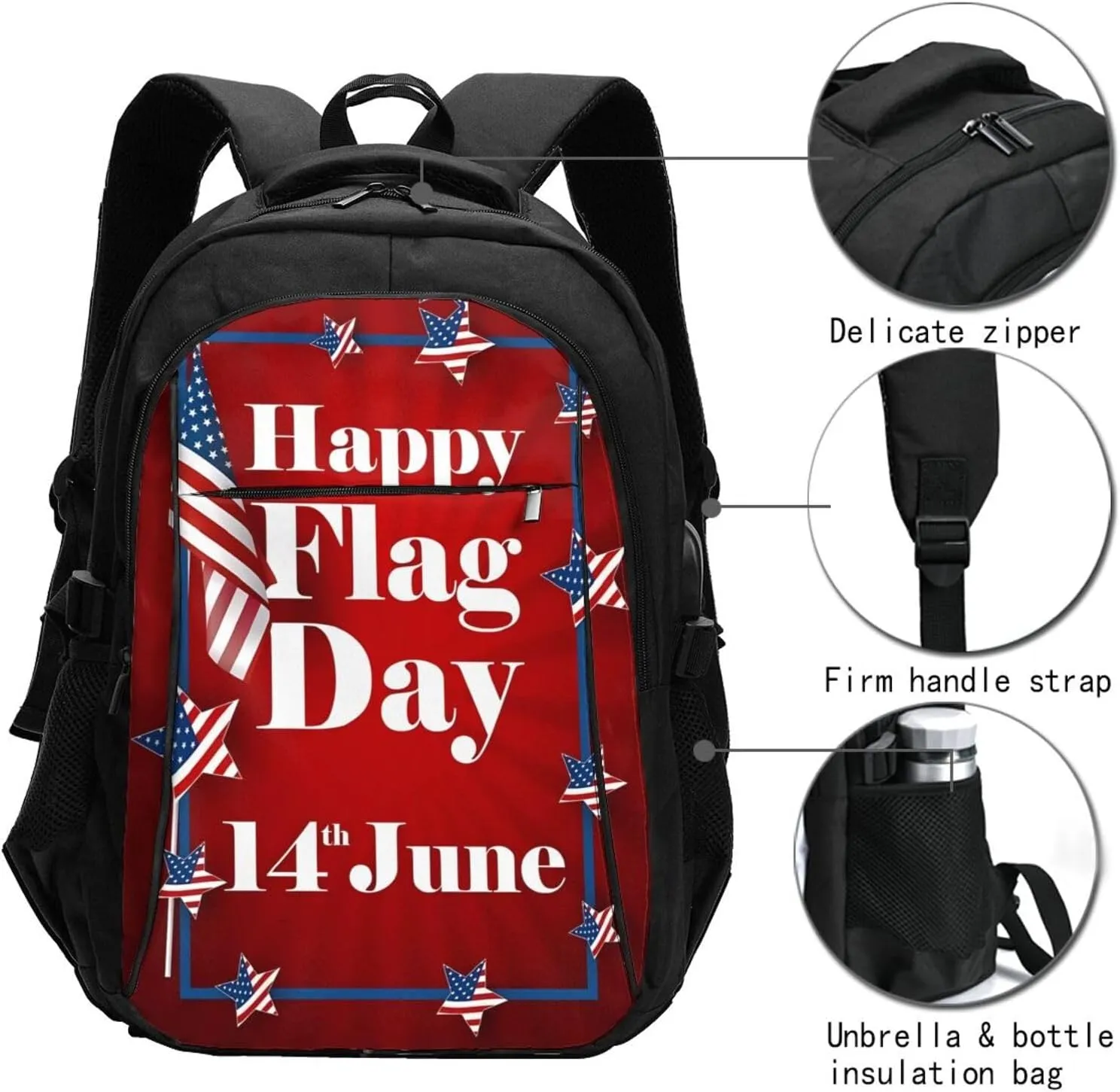 Happy Flag Day American Flag Travel Backpack Laptop Backpacks Business Rucksack Outdoor Daypack Large Sport Bag with Luggage Strap USB Charging Port for Hiking Working