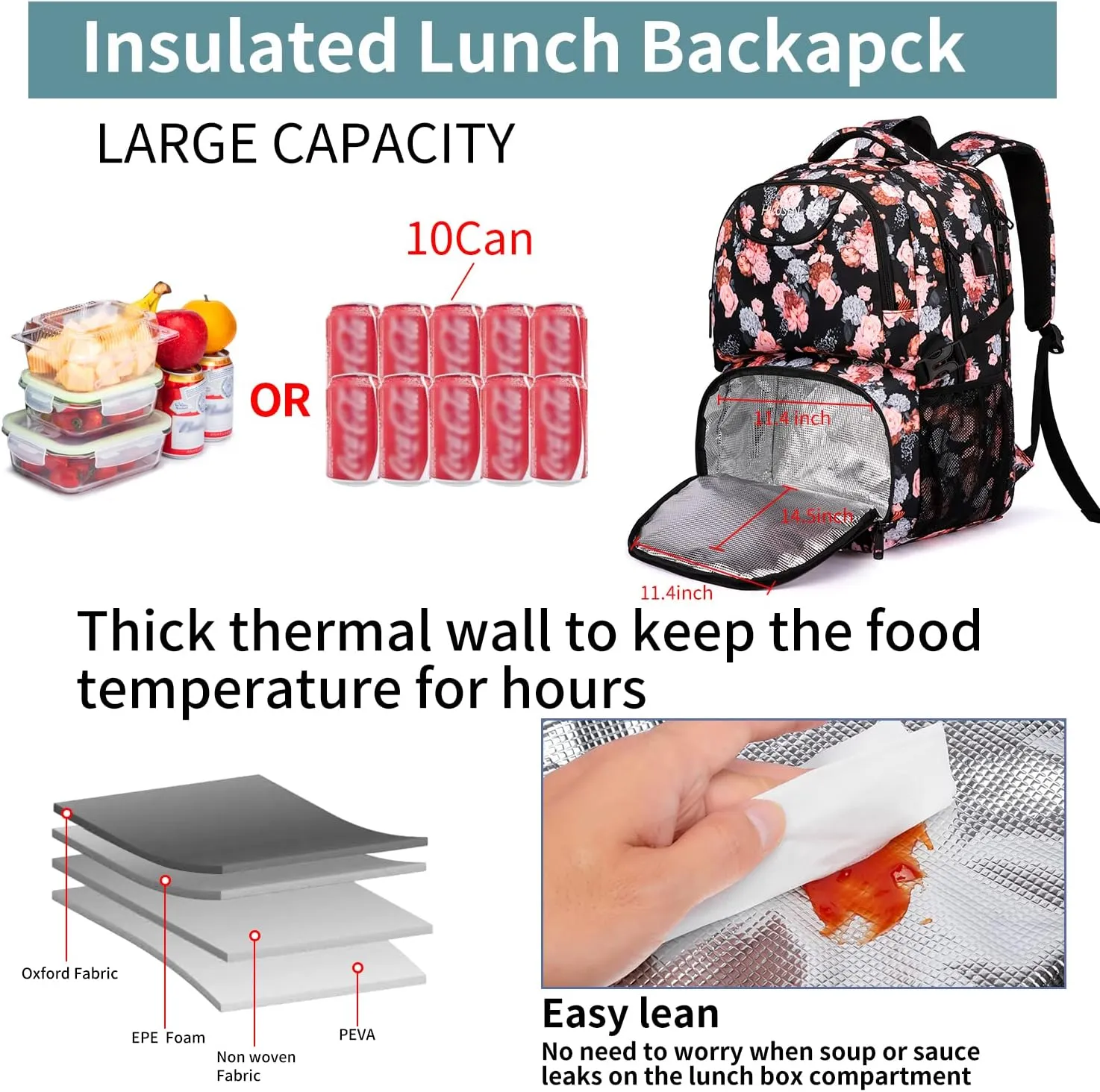 HILUSEN Lunch Backpack for Women, Insulated Cooler Lunch Box Backpack, Extra Large Work Backpack with USB Charging Port, Water Resistant 17 inch Travel Laptop Backpack