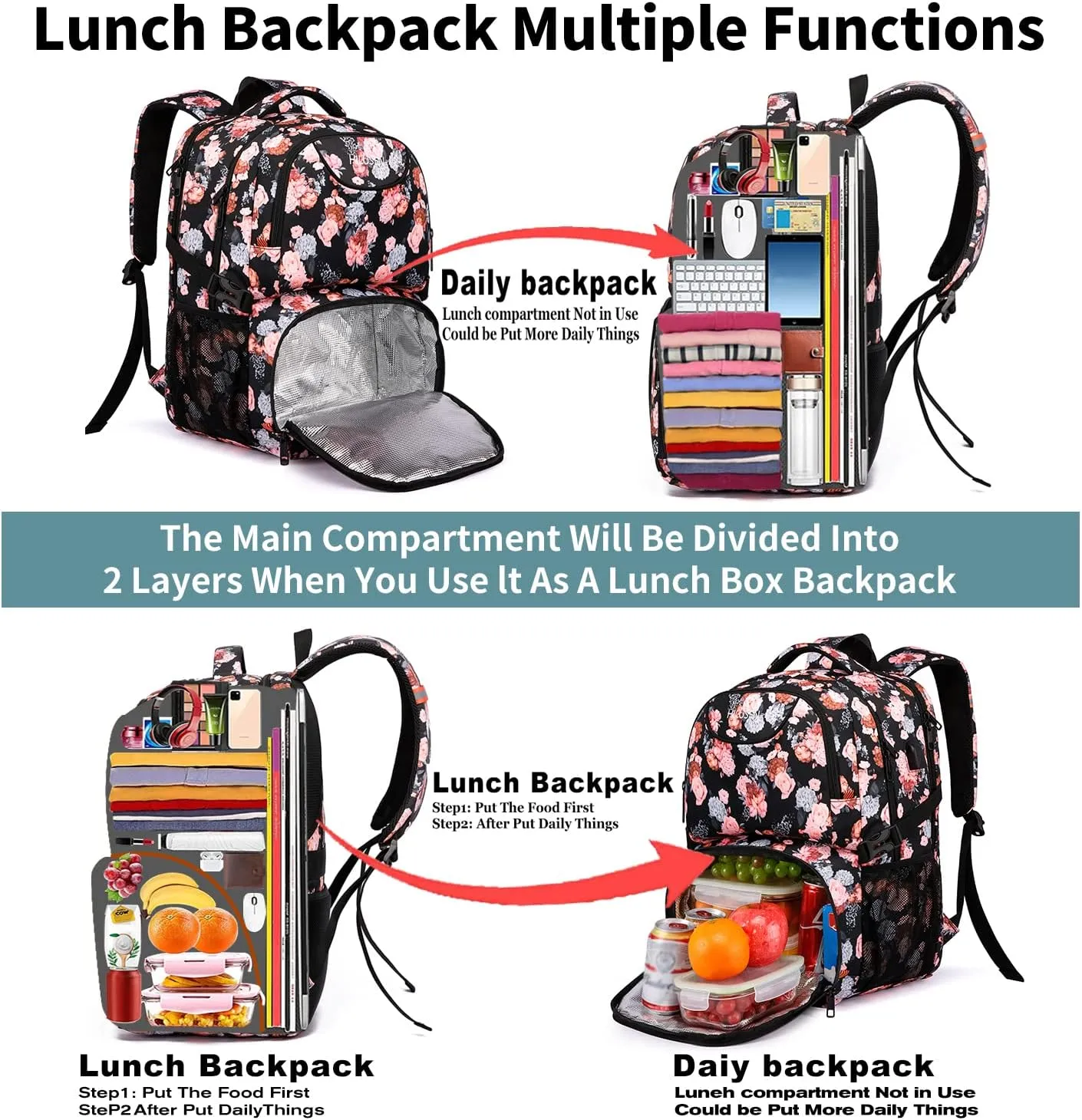 HILUSEN Lunch Backpack for Women, Insulated Cooler Lunch Box Backpack, Extra Large Work Backpack with USB Charging Port, Water Resistant 17 inch Travel Laptop Backpack