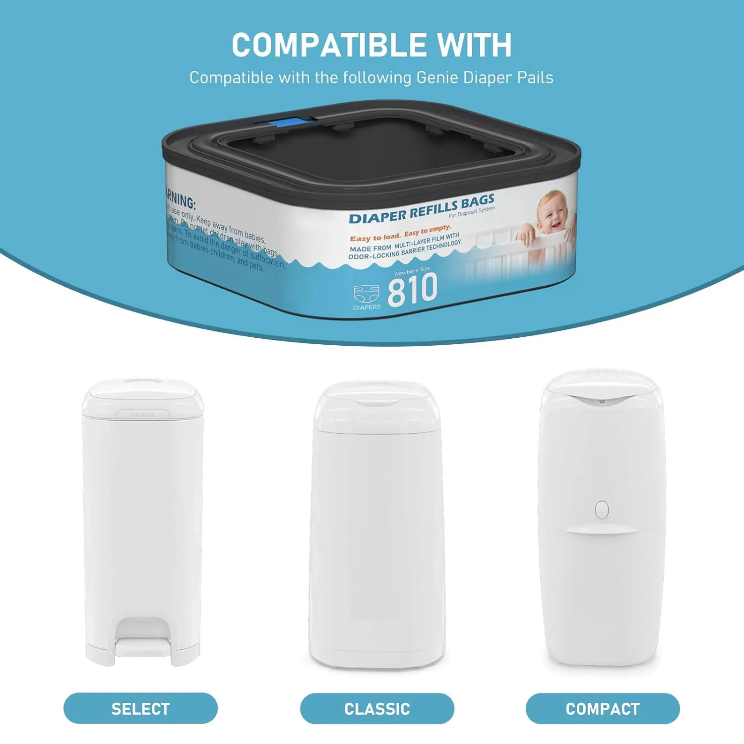 Jumbo Square Refills Disposal Bags Refill Compatible with Diaper Genie Compact, Select and Classic Pails, Hold Up to 810 Newborn-Sized Diapers Per Refill, 4 Packs