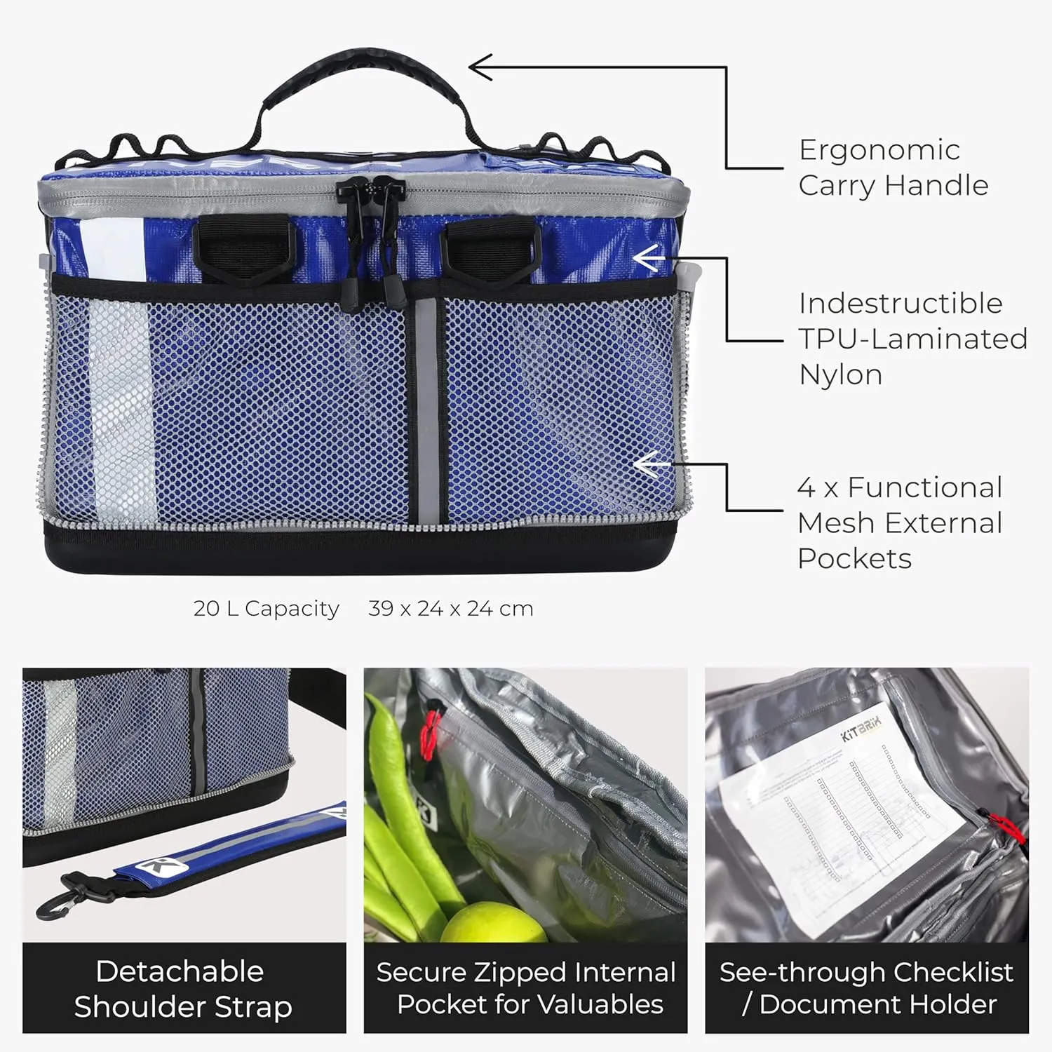 KitBrix Waterproof Sports Duffel Bag, Personal Item Travel Bag 15.3" x 9.4" x 9.4" - Solid Base - Built for Wet, Muddy Gear - Multi-Use Swimming, Gym, Soccer, Camping, Triathlon Transition Bag - Navy