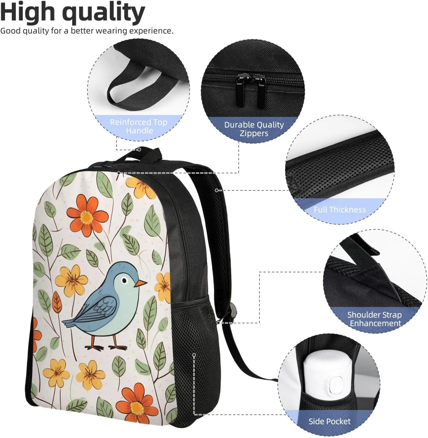 Laptop Backpack for Women Men Carry-on Backpack bird and flower Daypack Lightweight Travel Shoulder Bags