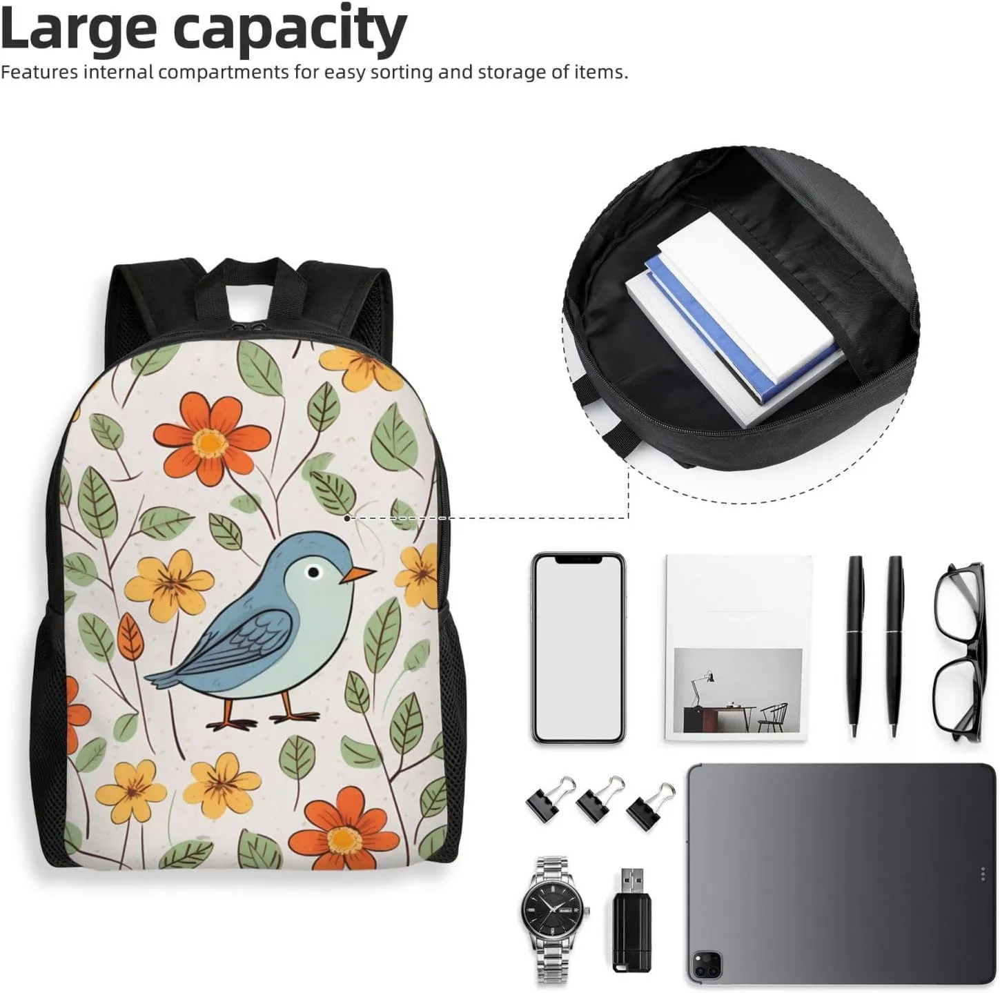 Laptop Backpack for Women Men Carry-on Backpack bird and flower Daypack Lightweight Travel Shoulder Bags