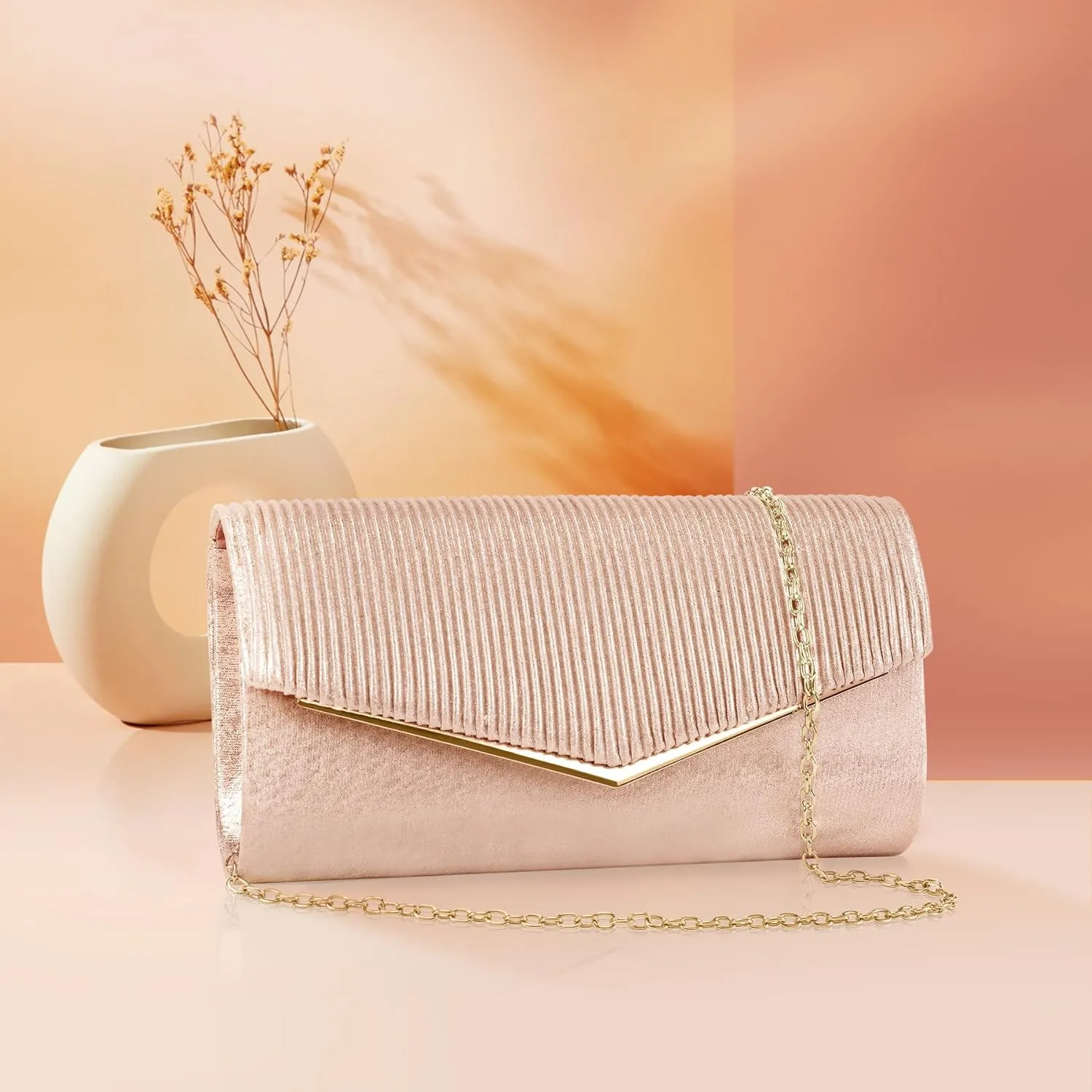 Larcenciel Clutch Purses for Women, Bling Vertical Lines Envelope Evening Bag w/Chain, Formal Ladies Handbags,9.05x1.97x4.72