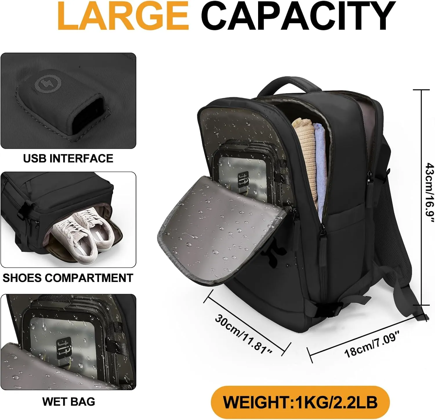 Large 40L Travel Backpack  Airline & Flight Approved Carry-On Luggage, Waterproof, Durable & Lightweight Design for College, Outdoor Sports & Weekend Getaways  Black