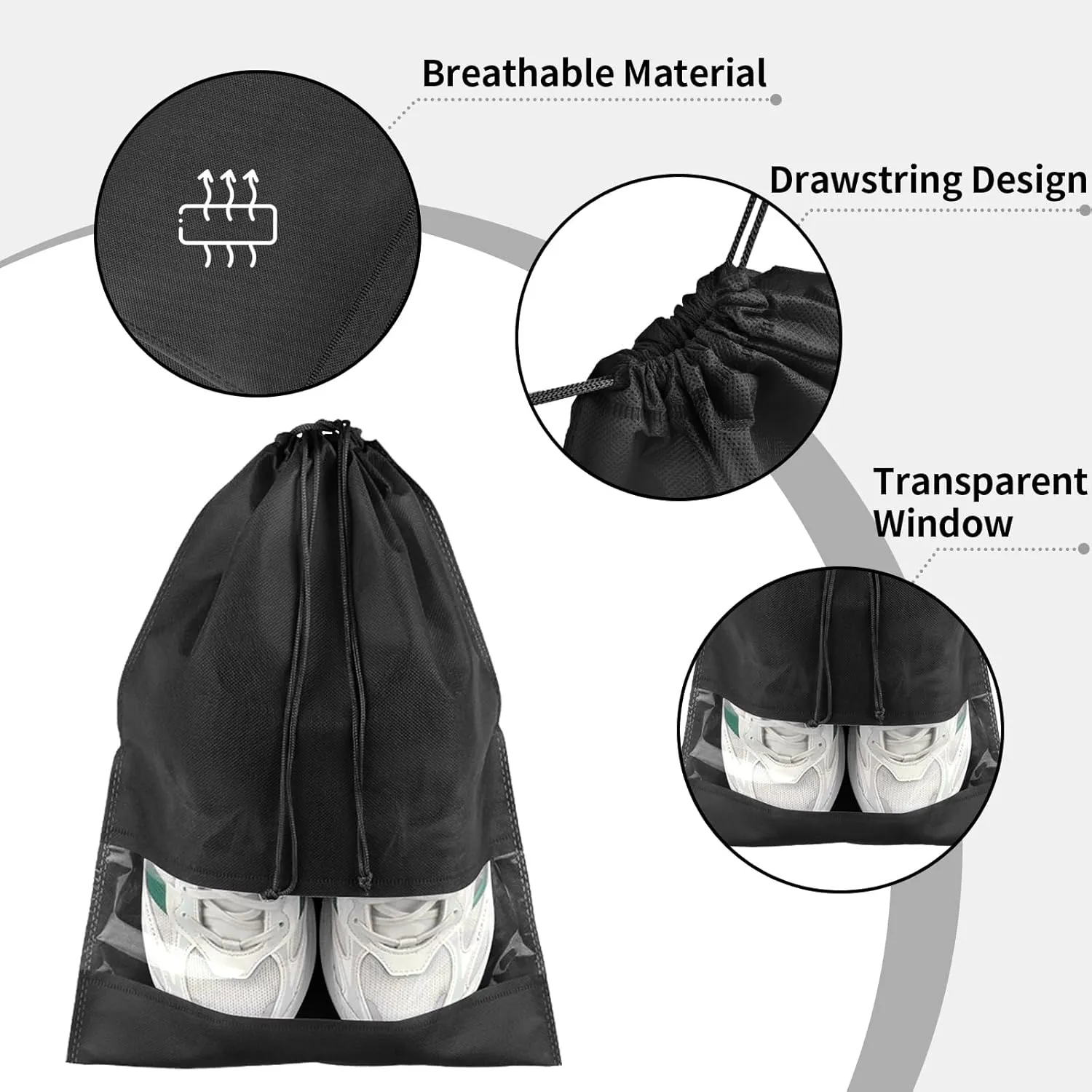 Large Black Travel Shoe Bags - 5 Pcs with Clear Window, Non-Woven Drawstring, 12.6" X 17.3" for Men Women