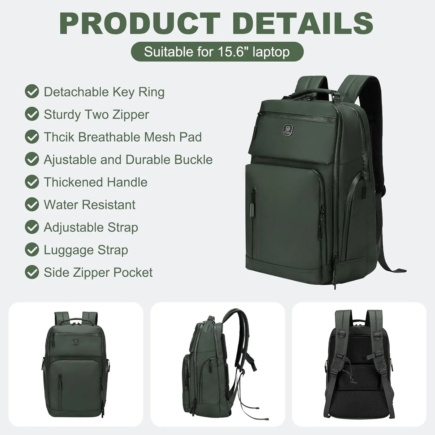Large Capacity Water Resistant Laptop Backpack, 17 Inch Airplane Approved Durable Bag for College, Business Travel, Green