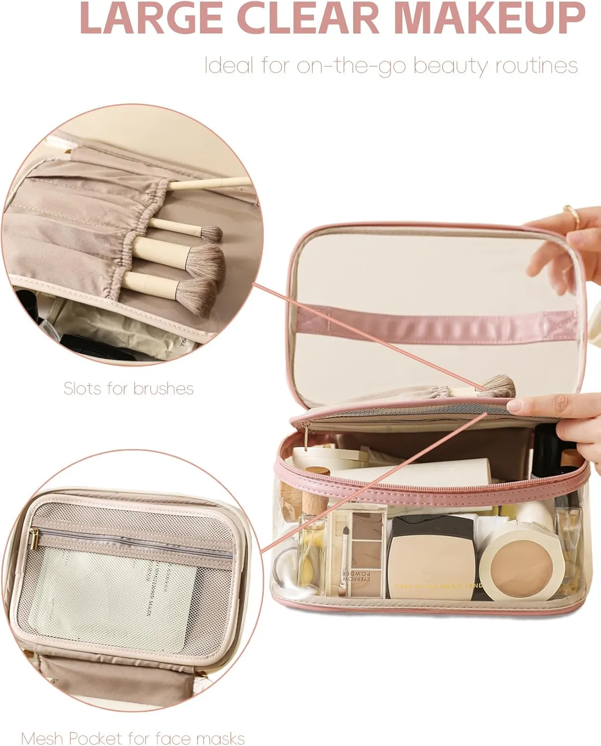 Large Clear Makeup Bag Big Cosmetic Bags Waterproof Toiletry Orangizer with Handle Transparent Toiletries Case Travel Pouch for Women Girls Daily Beauty Purse Essentials Skincare Bag Black