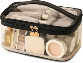Large Clear Makeup Bag Big Cosmetic Bags Waterproof Toiletry Orangizer with Handle Transparent Toiletries Case Travel Pouch for Women Girls Daily Beauty Purse Essentials Skincare Bag Black