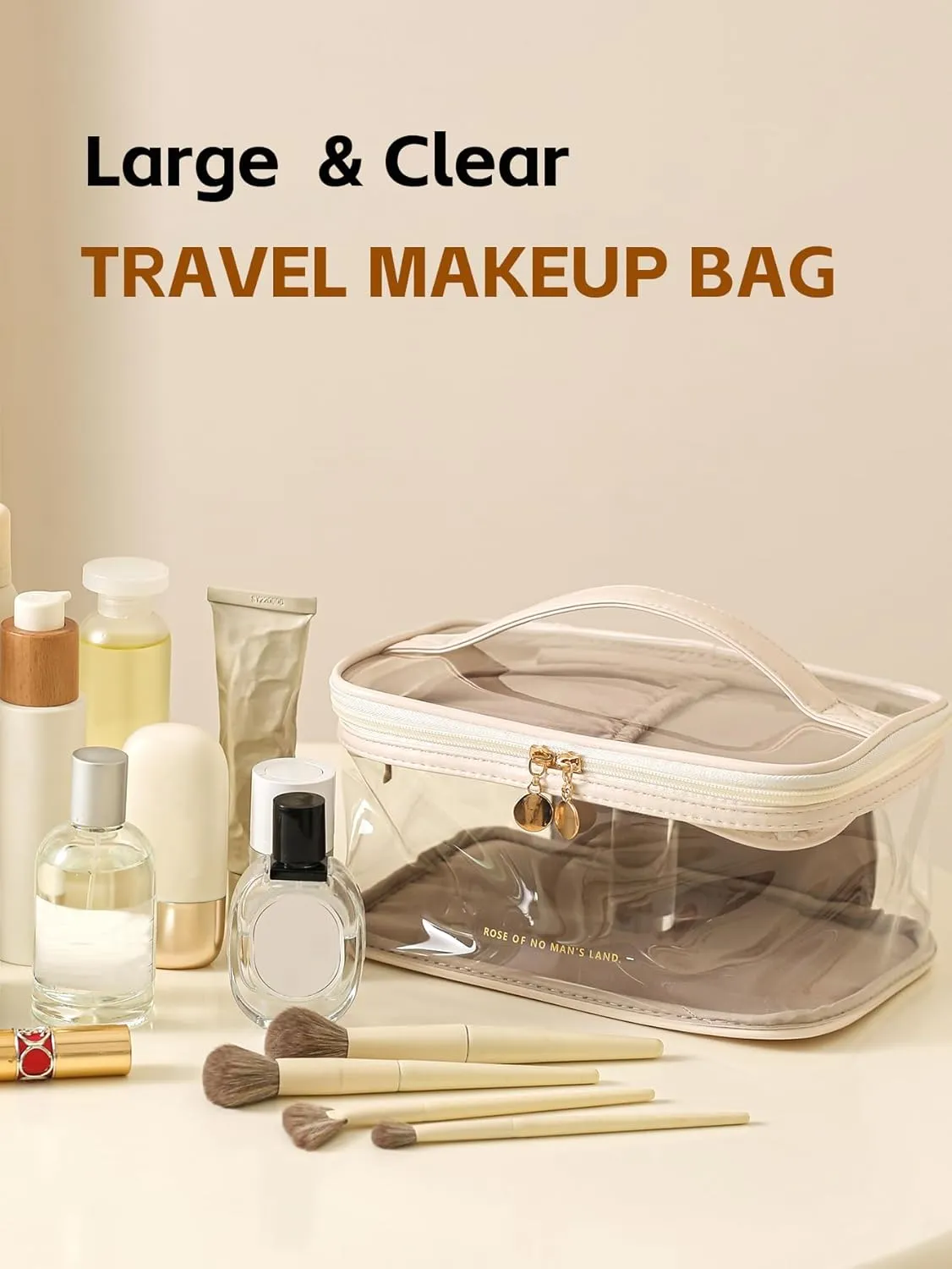 Large Clear Makeup Bag Big Cosmetic Bags Waterproof Toiletry Orangizer with Handle Transparent Toiletries Case Travel Pouch for Women Girls Daily Beauty Purse Essentials Skincare Bag Brown