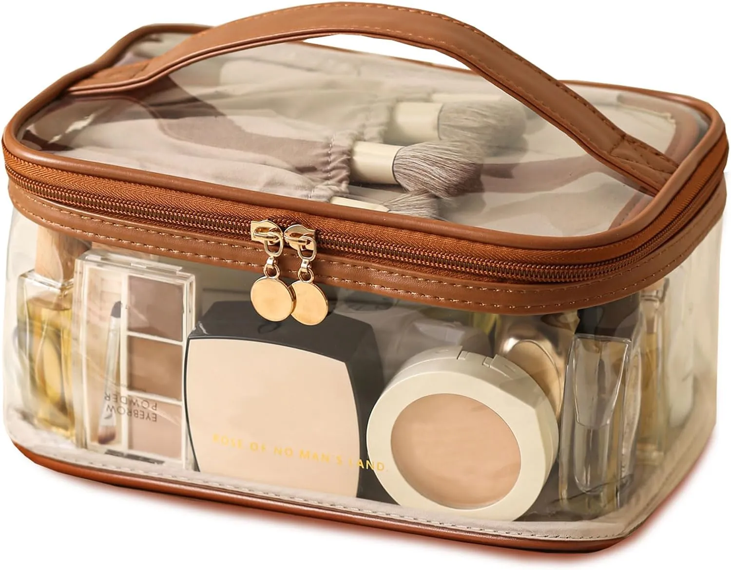 Large Clear Makeup Bag Big Cosmetic Bags Waterproof Toiletry Orangizer with Handle Transparent Toiletries Case Travel Pouch for Women Girls Daily Beauty Purse Essentials Skincare Bag Brown