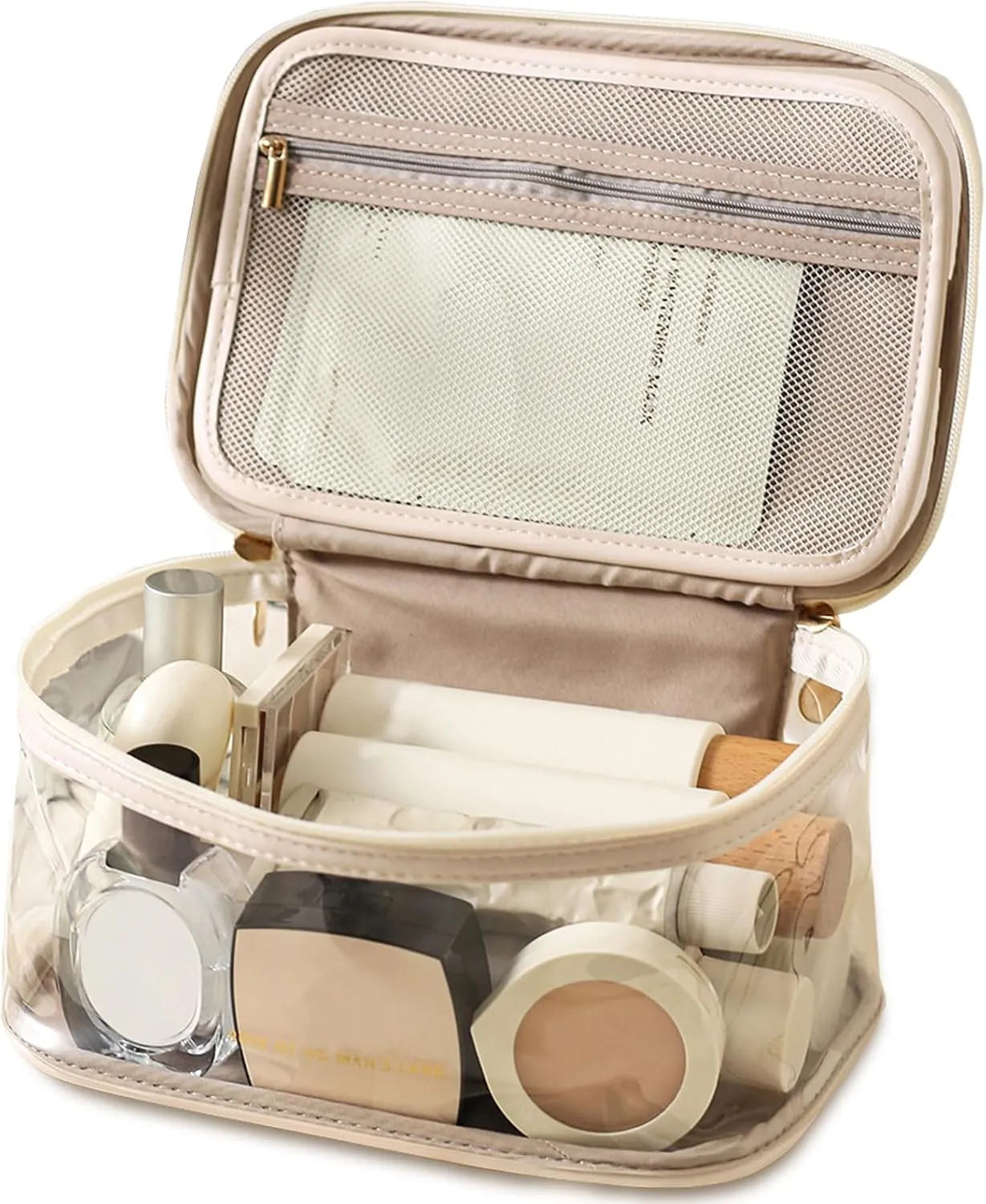 Large Clear Makeup Bag Big Cosmetic Bags Waterproof Toiletry Orangizer with Handle Transparent Toiletries Case Travel Pouch for Women Girls Daily Beauty Purse Essentials Skincare Bag Brown