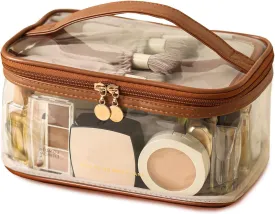 Large Clear Makeup Bag Big Cosmetic Bags Waterproof Toiletry Orangizer with Handle Transparent Toiletries Case Travel Pouch for Women Girls Daily Beauty Purse Essentials Skincare Bag Brown