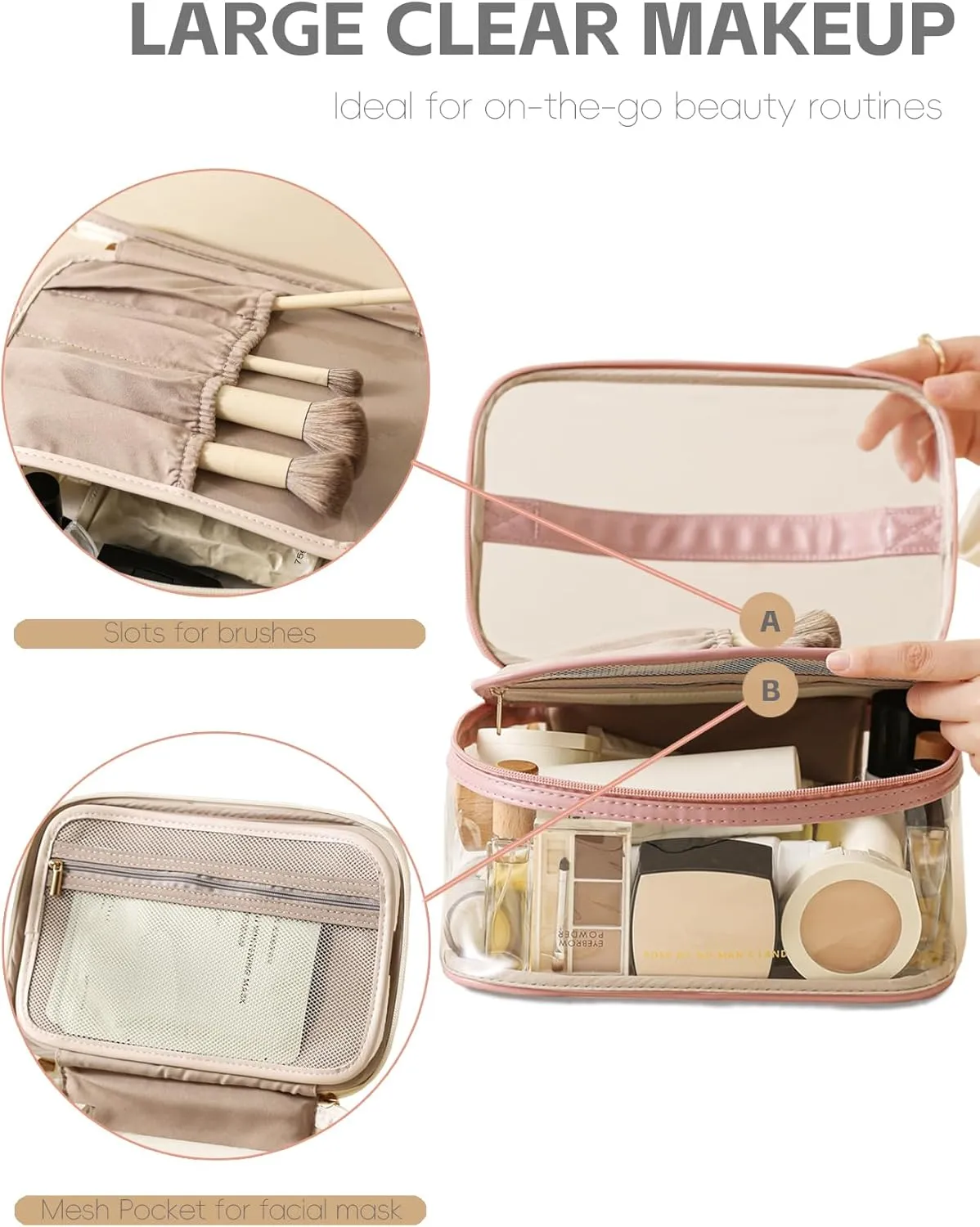 Large Clear Makeup Bag Big Cosmetic Bags Waterproof Toiletry Orangizer with Handle Transparent Toiletries Case Travel Pouch for Women Girls Daily Beauty Purse Essentials Skincare Bag Off White