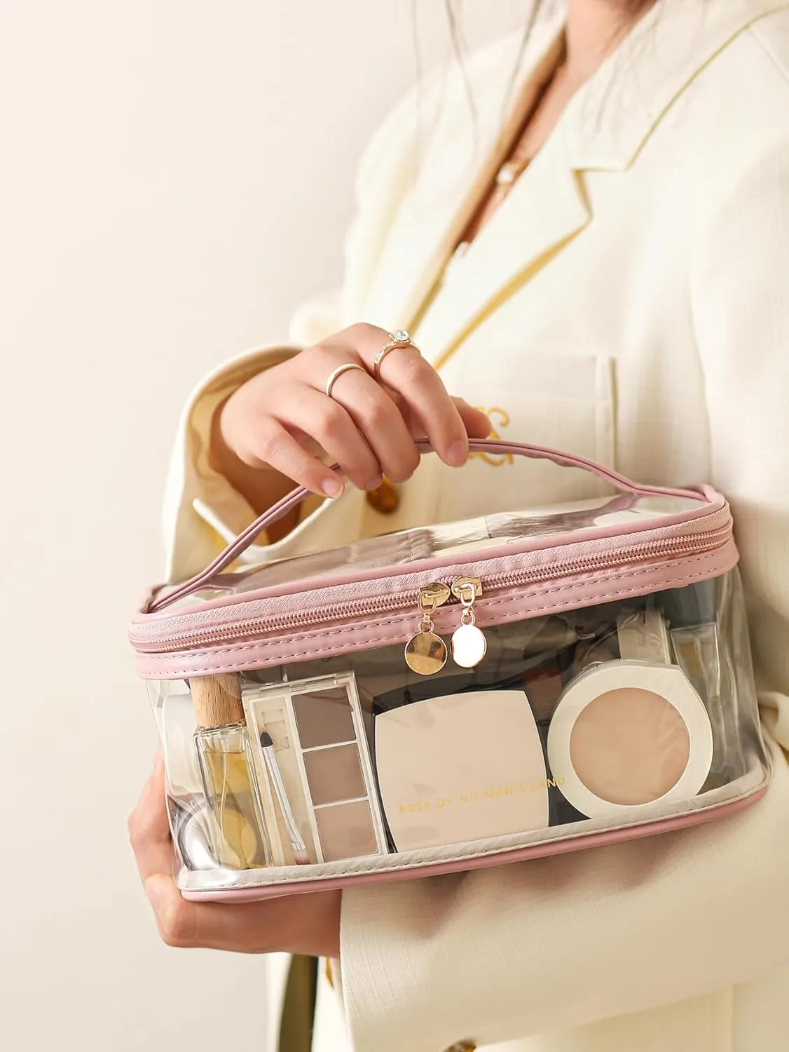 Large Clear Makeup Bag Big Cosmetic Bags Waterproof Toiletry Orangizer with Handle Transparent Toiletries Case Travel Pouch for Women Girls Daily Beauty Purse Essentials Skincare Bag Pink