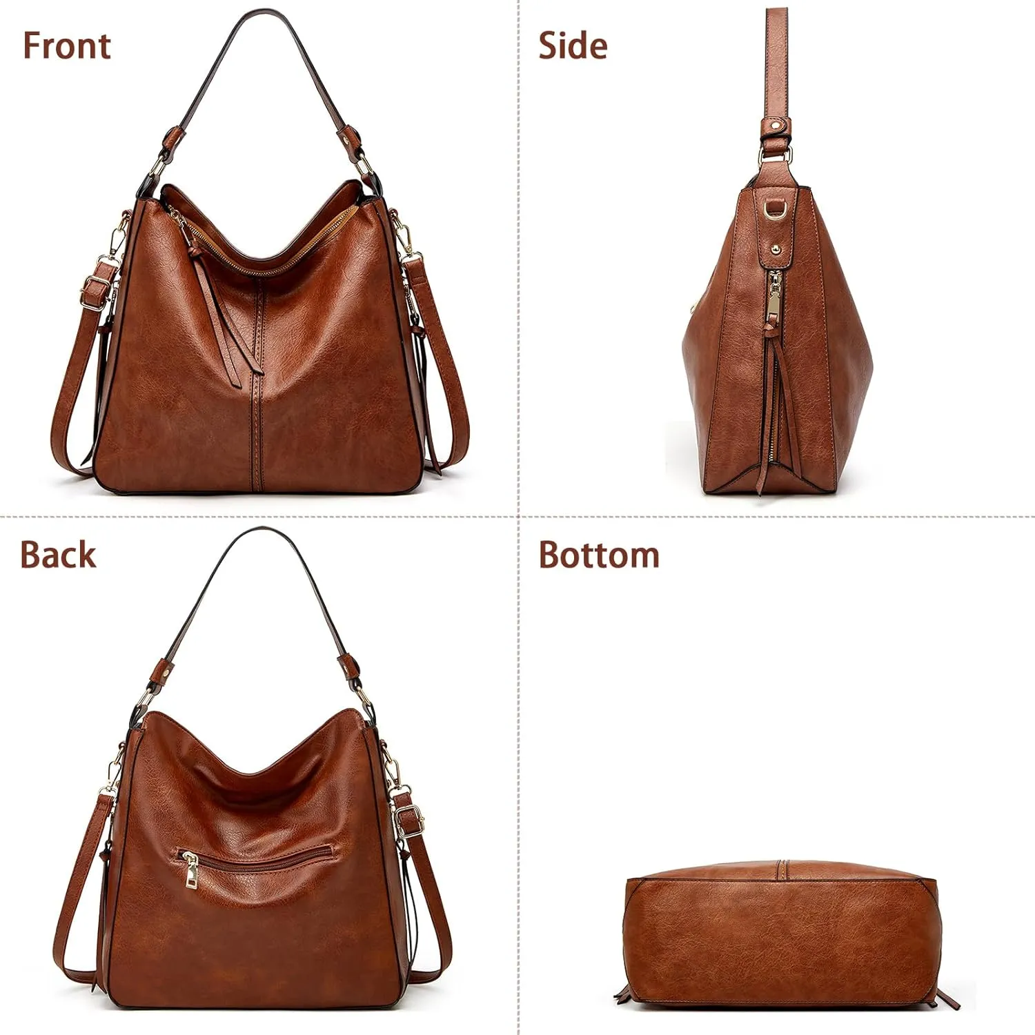 Large Trendy Designer Hobo Tote Bag for Women, Soft Leather Crossbody Shoulder Handbag, Purse and Wallet Set Black Brown