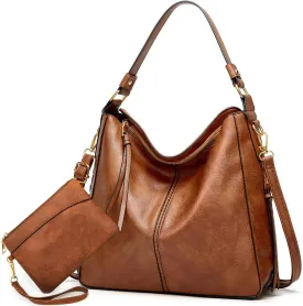 Large Trendy Designer Hobo Tote Bag for Women, Soft Leather Crossbody Shoulder Handbag, Purse and Wallet Set Black Brown