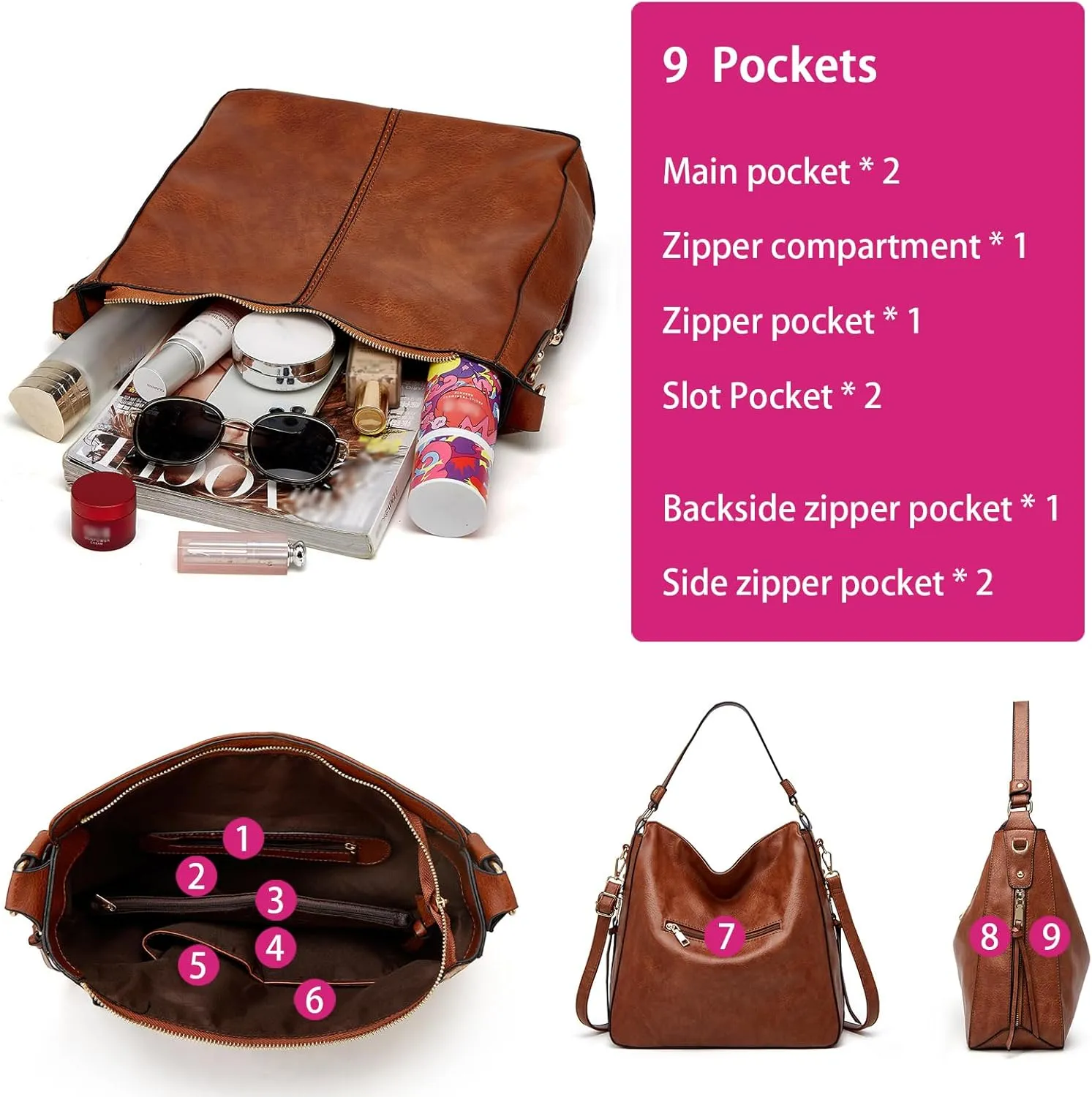 Large Trendy Designer Hobo Tote Bag for Women, Soft Leather Crossbody Shoulder Handbag, Purse and Wallet Set Black Brown