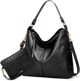 Large Trendy Designer Hobo Tote Bag for Women, Soft Leather Crossbody Shoulder Handbag, Purse and Wallet Set Black Brown