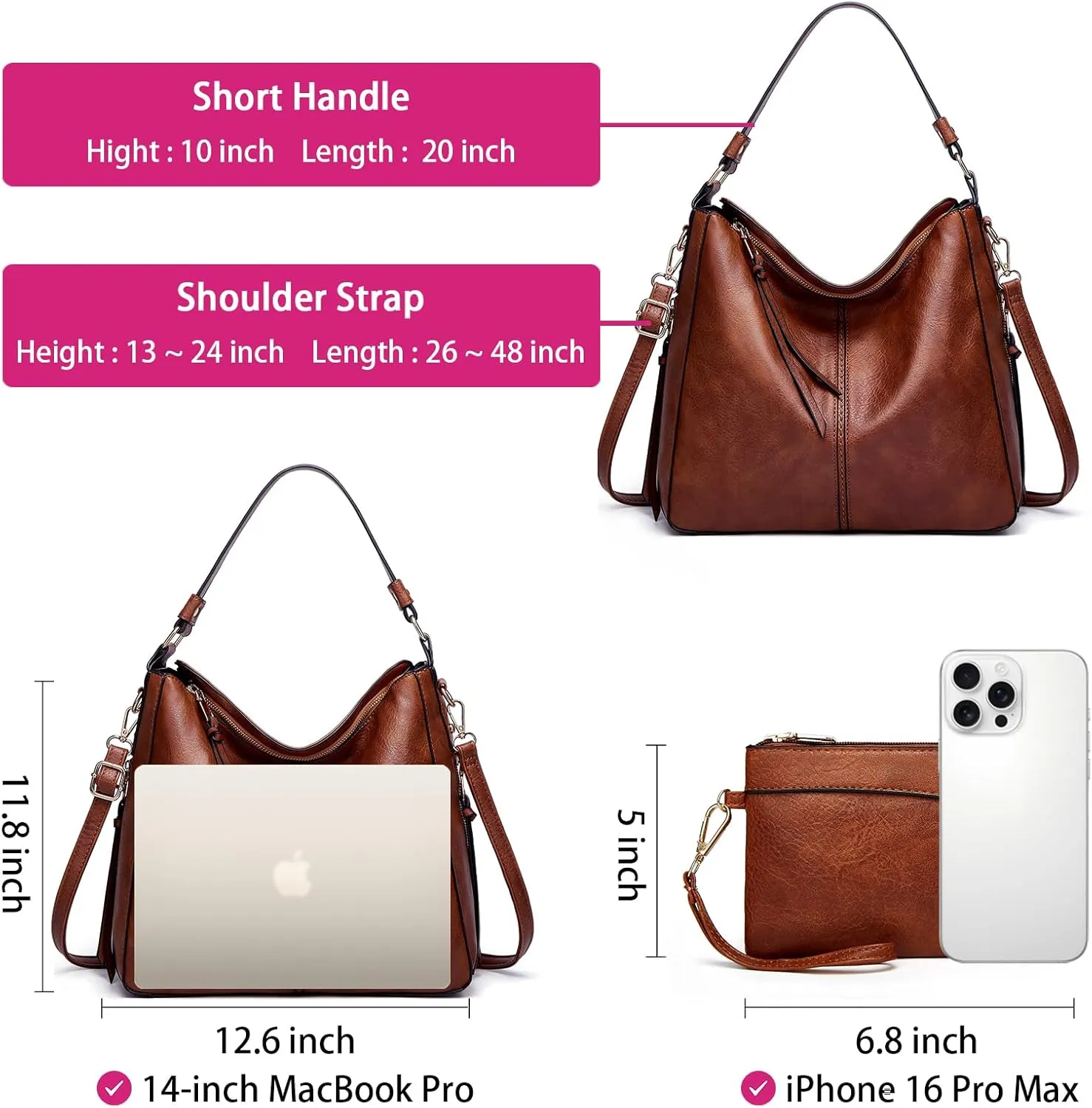 Large Trendy Designer Hobo Tote Bag for Women, Soft Leather Crossbody Shoulder Handbag, Purse and Wallet Set Black Brown