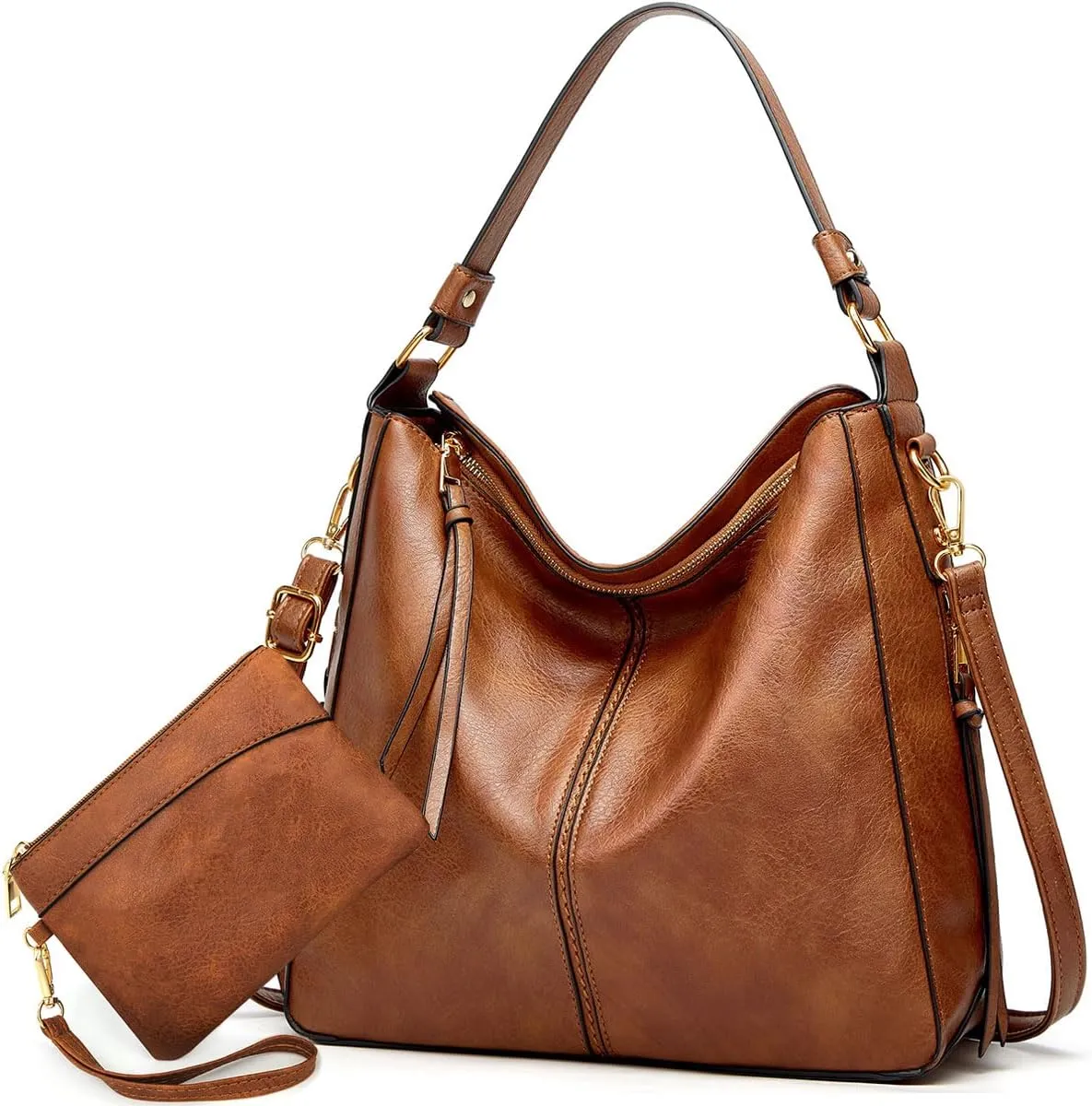 Large Trendy Designer Hobo Tote Bag for Women, Soft Leather Crossbody Shoulder Handbag, Purse and Wallet Set Black Brown