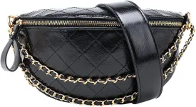 Leather Fanny Pack for Women Crossbody, Dressy Belt Bag with Gold Chain - Black Luxury Waist Purse, Adjustable Strap