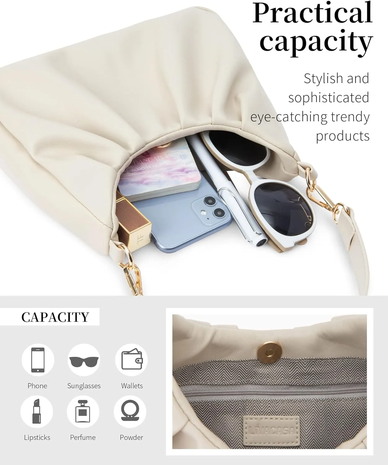 LIVACASA Shoulder Bags for Women, Cute Soft Small Clutch Purses,PU Leather Hobo Crossbody Tote Dumpling Bags with Pockets