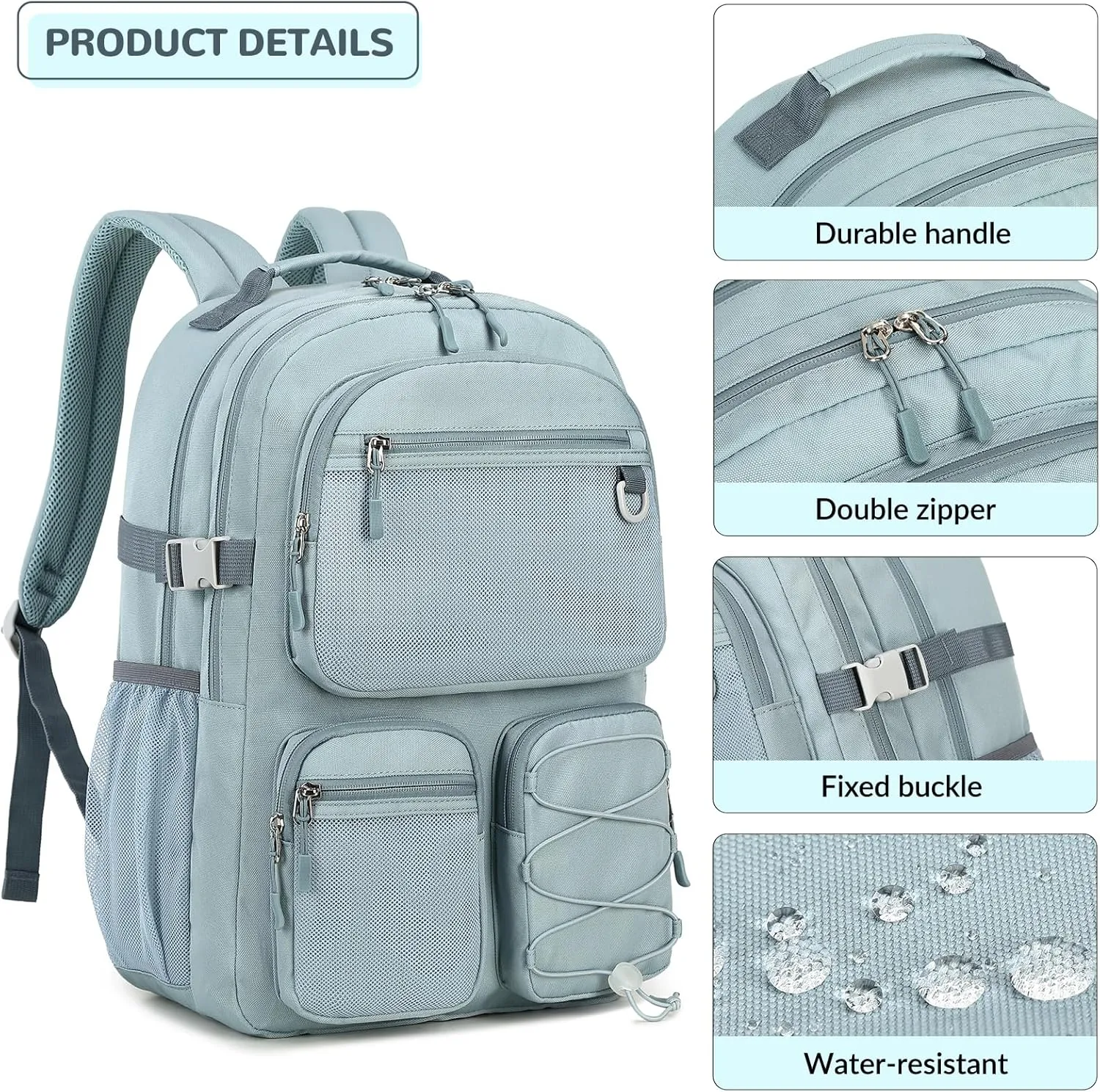Lohol Water Resistant Backpack with Mulitiple Pockets for School Travel Outdoor College, 15.6 inch Laptop Daypack for Men and Women (Grey Blue)