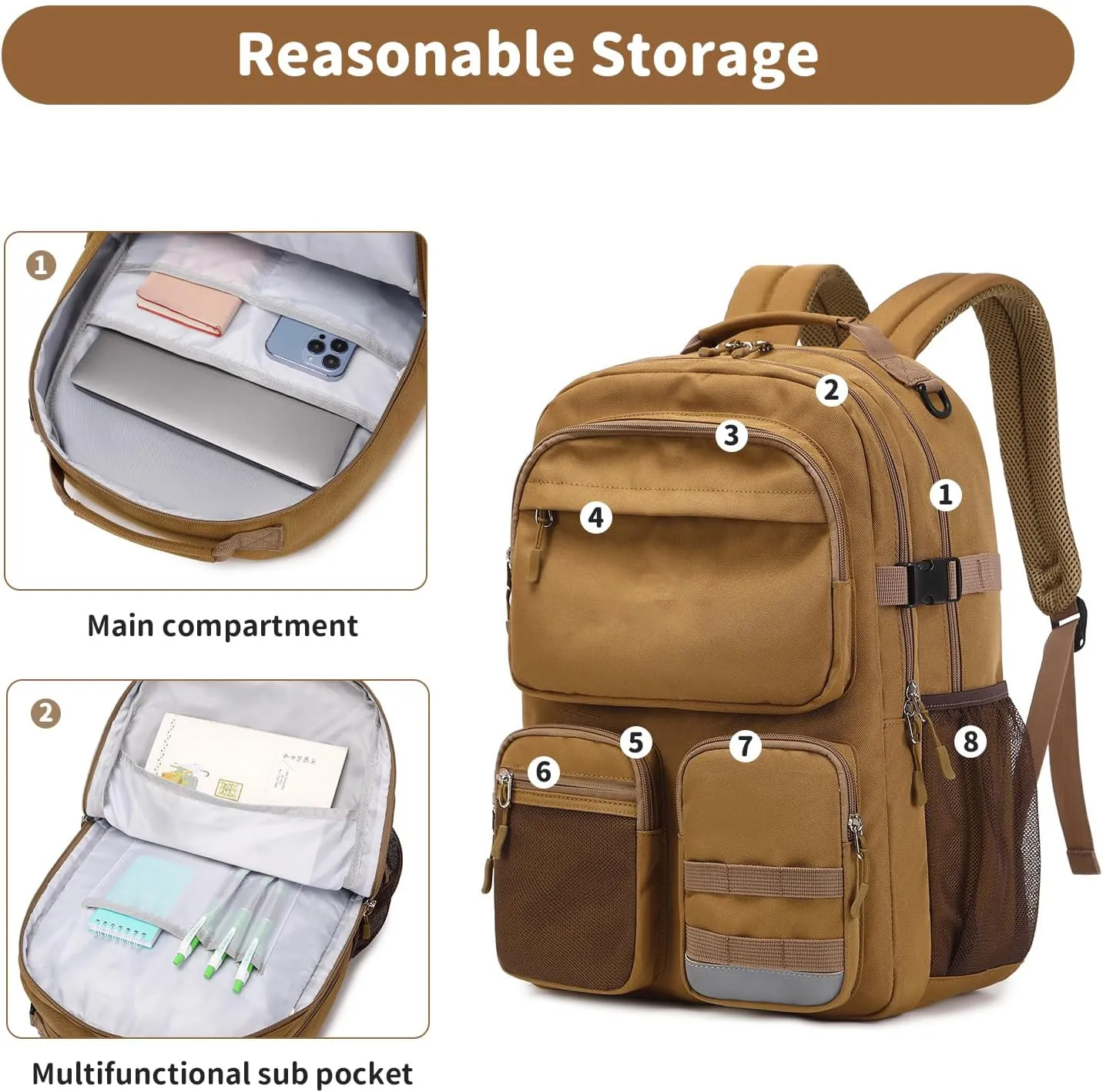 Lohol Water Resistant Backpack with Multifunctional Pockets for Teens, Durable Bookbag fits 15.6 inch Laptop for School Travel College, 25L (Beige)