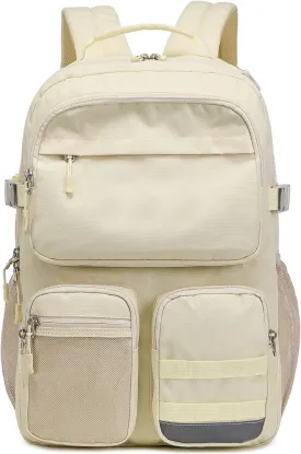 Lohol Water Resistant Backpack with Multifunctional Pockets for Teens, Durable Bookbag fits 15.6 inch Laptop for School Travel College, 25L (Beige)