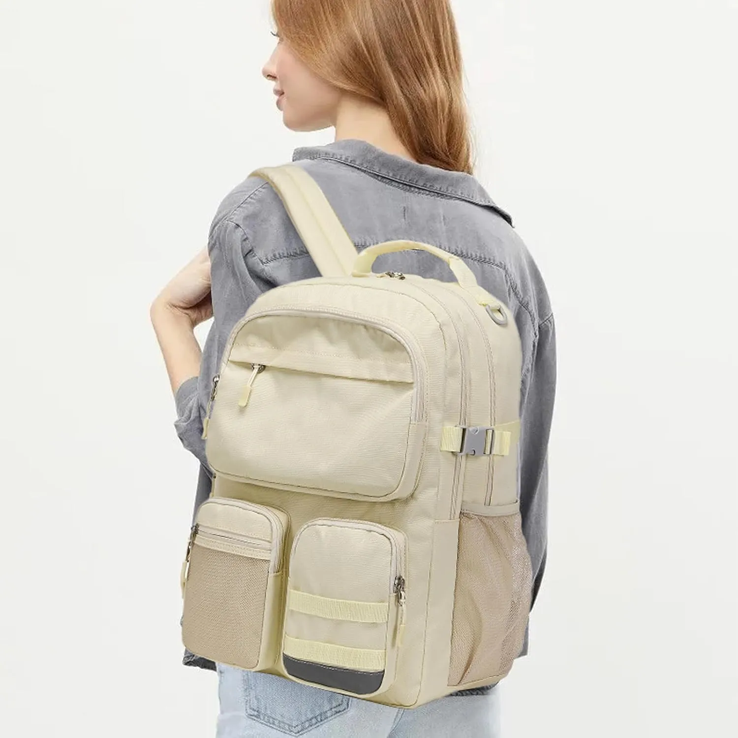 Lohol Water Resistant Backpack with Multifunctional Pockets for Teens, Durable Bookbag fits 15.6 inch Laptop for School Travel College, 25L (Beige)