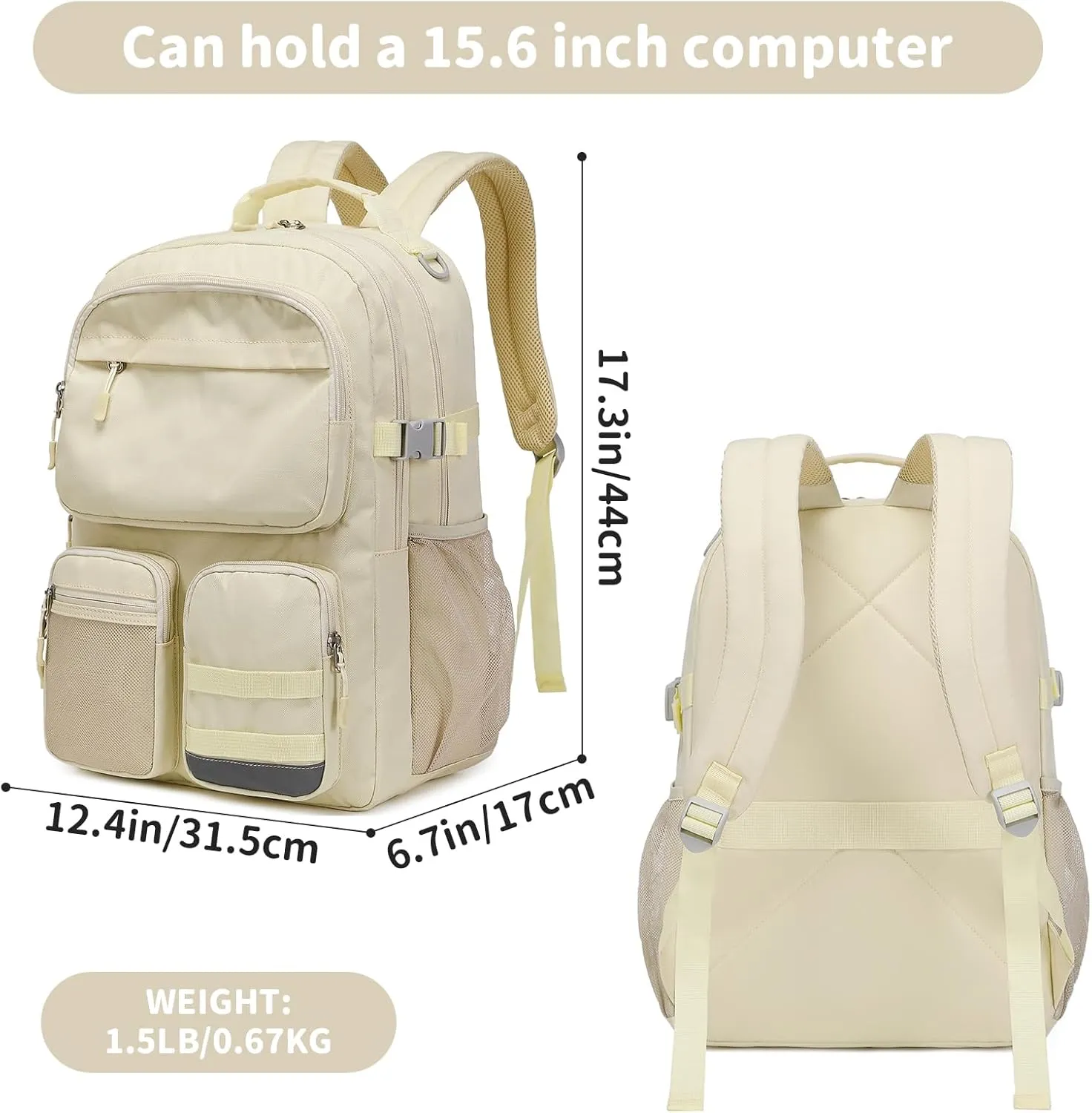 Lohol Water Resistant Backpack with Multifunctional Pockets for Teens, Durable Bookbag fits 15.6 inch Laptop for School Travel College, 25L (Beige)