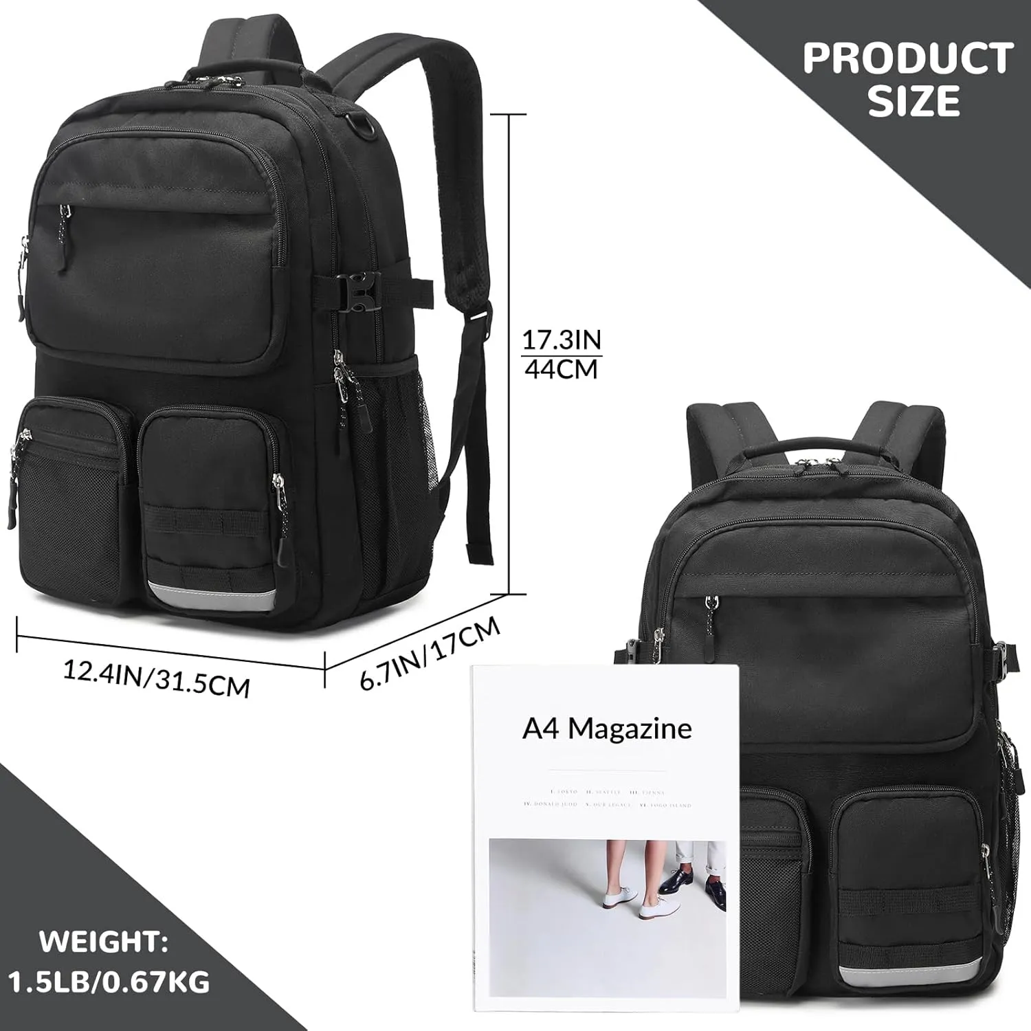 Lohol Water Resistant Backpack with Multifunctional Pockets for Teens, Durable Bookbag fits 15.6 inch Laptop for School Travel College, 25L (Black)