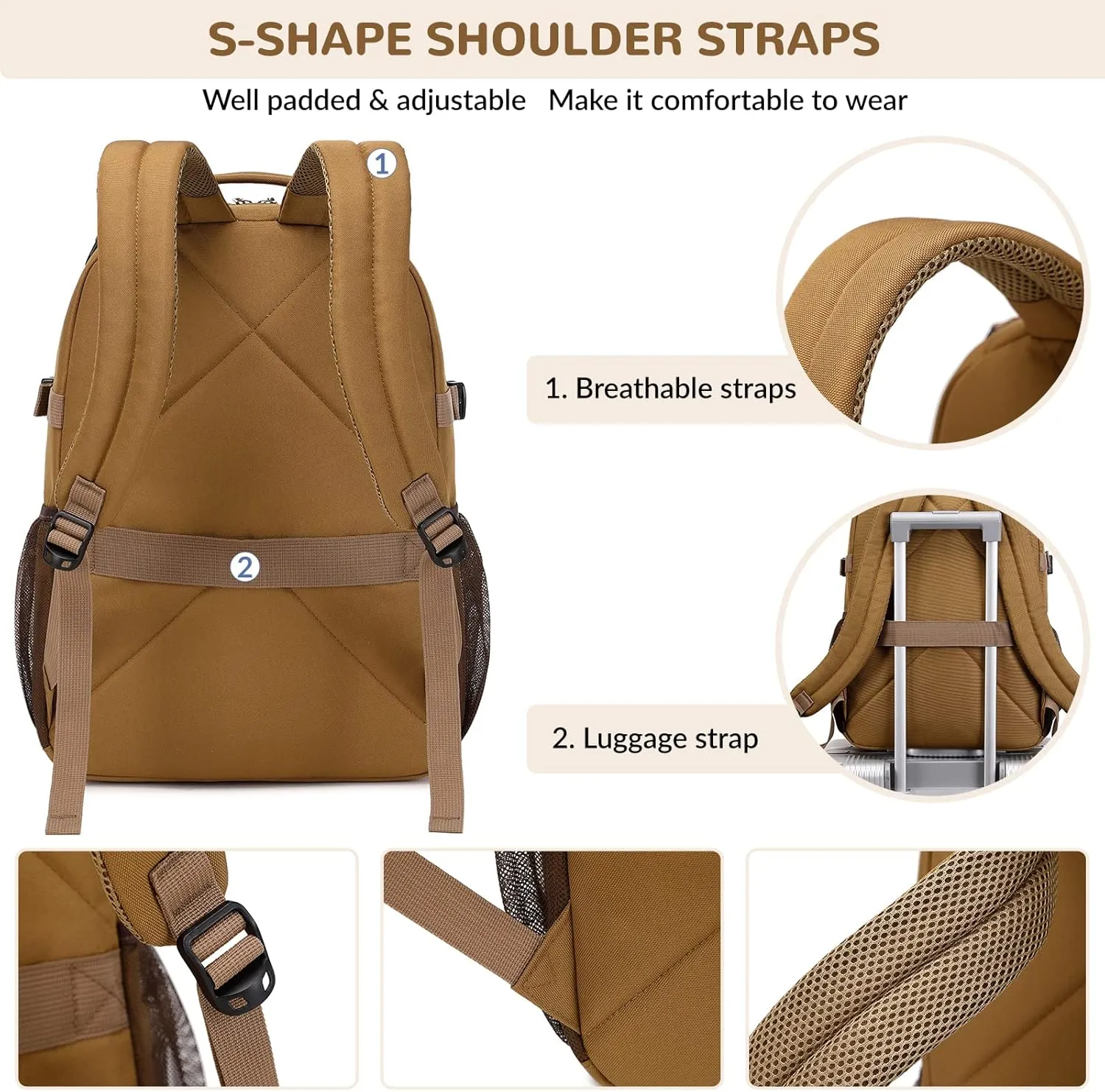 Lohol Water Resistant Backpack with Multifunctional Pockets for Teens, Durable Bookbag fits 15.6 inch Laptop for School Travel College, 25L (Brown)