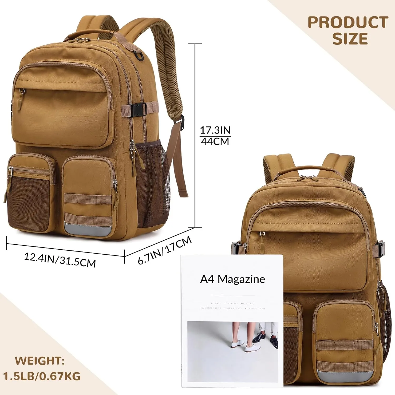 Lohol Water Resistant Backpack with Multifunctional Pockets for Teens, Durable Bookbag fits 15.6 inch Laptop for School Travel College, 25L (Brown)