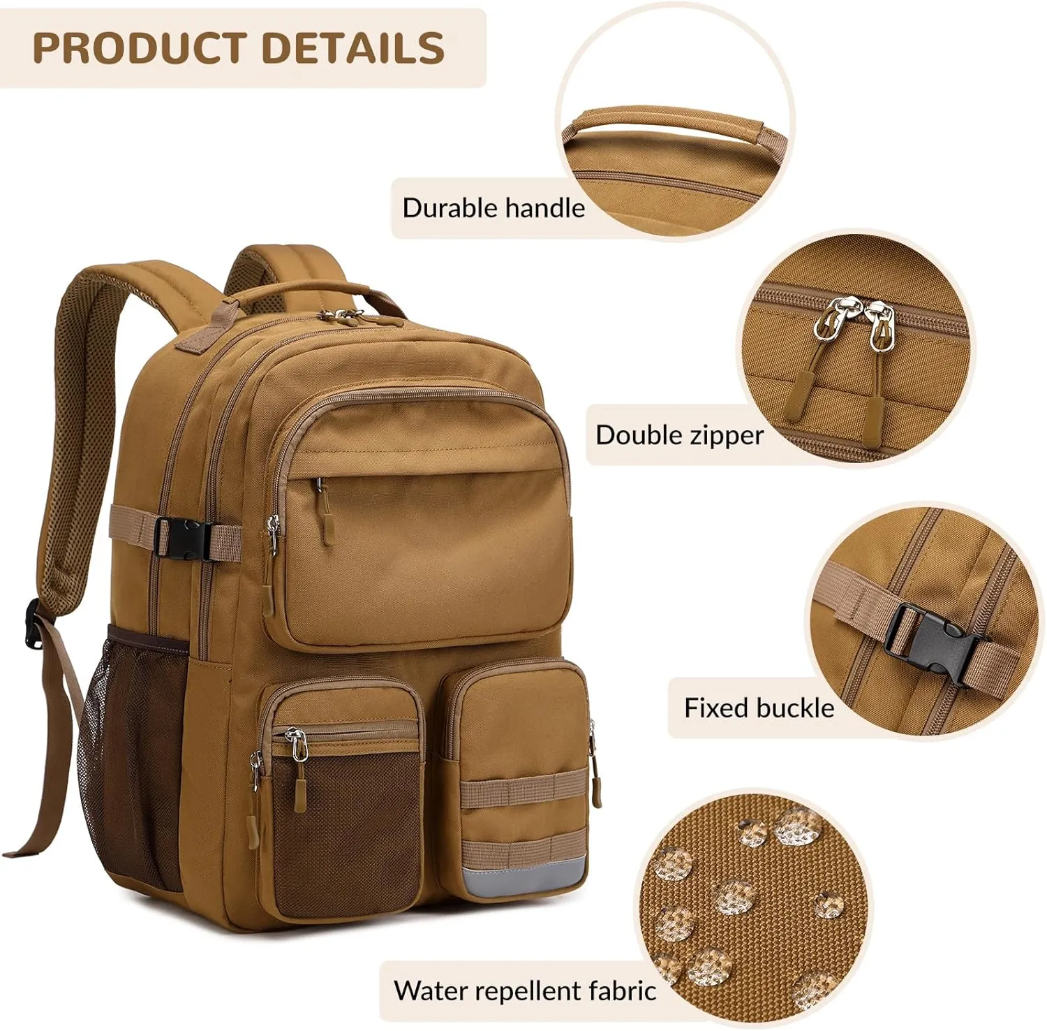 Lohol Water Resistant Backpack with Multifunctional Pockets for Teens, Durable Bookbag fits 15.6 inch Laptop for School Travel College, 25L (Brown)