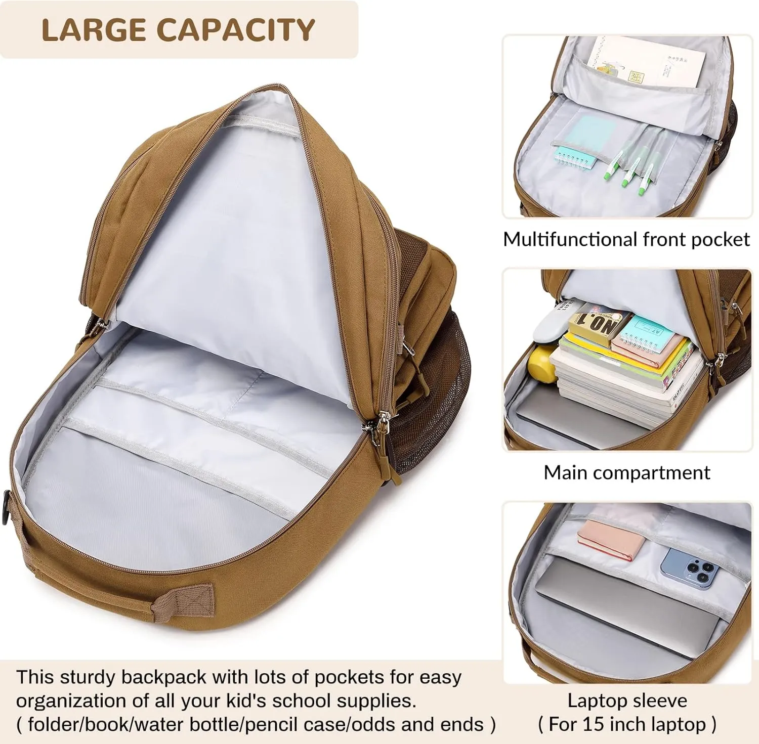 Lohol Water Resistant Backpack with Multifunctional Pockets for Teens, Durable Bookbag fits 15.6 inch Laptop for School Travel College, 25L (Brown)