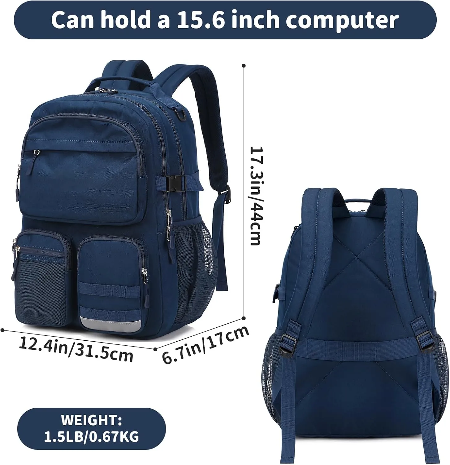 Lohol Water Resistant Backpack with Multifunctional Pockets for Teens, Durable Bookbag fits 15.6 inch Laptop for School Travel College, 25L (Navy Blue)
