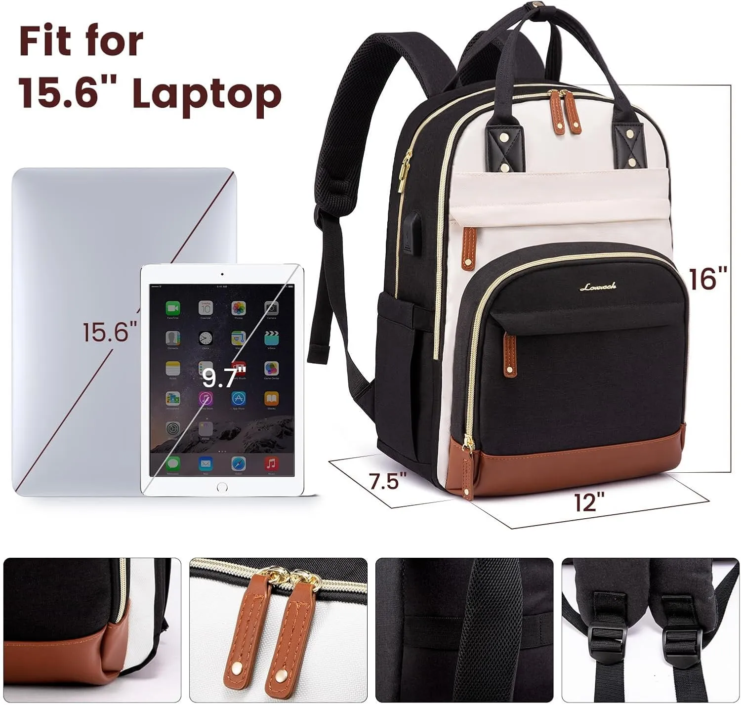 LOVEVOOK Backpack for Women, Fits 15.6 Inch Laptop Bag, School Backpacks, Fashion Travel Work Anti-theft Bag, Business Computer Waterproof College Backpack Purse, Beige-Black-Brown