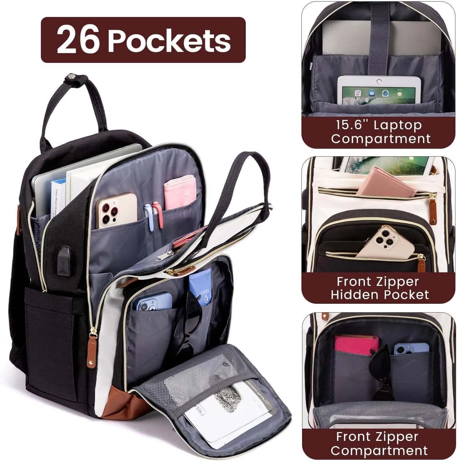 LOVEVOOK Backpack for Women, Fits 15.6 Inch Laptop Bag, School Backpacks, Fashion Travel Work Anti-theft Bag, Business Computer Waterproof College Backpack Purse, Beige-Black-Brown