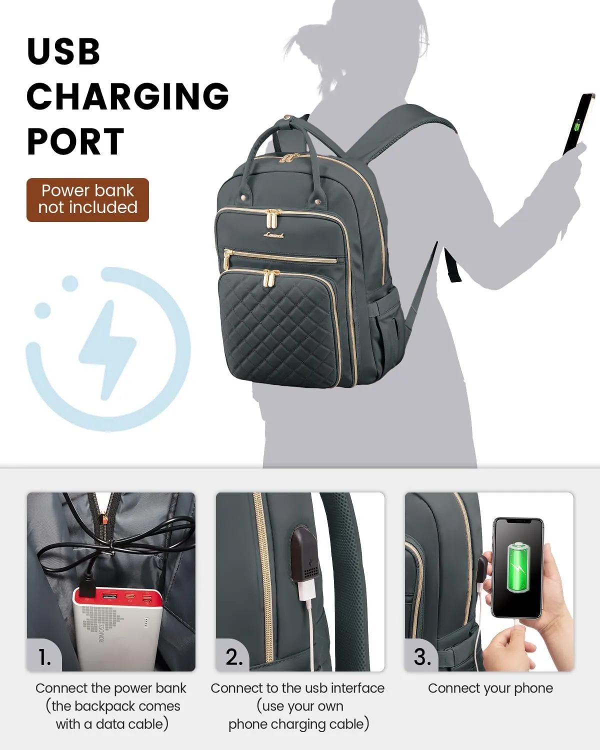 LOVEVOOK Laptop Backpack for Women, 15.6 Inch Computer Backpack for Teacher Nurse with Water Resistant, Lightweight Travel Work Backpack with USB Charging Port, Quilted Commuter Backpack, Dark Gray