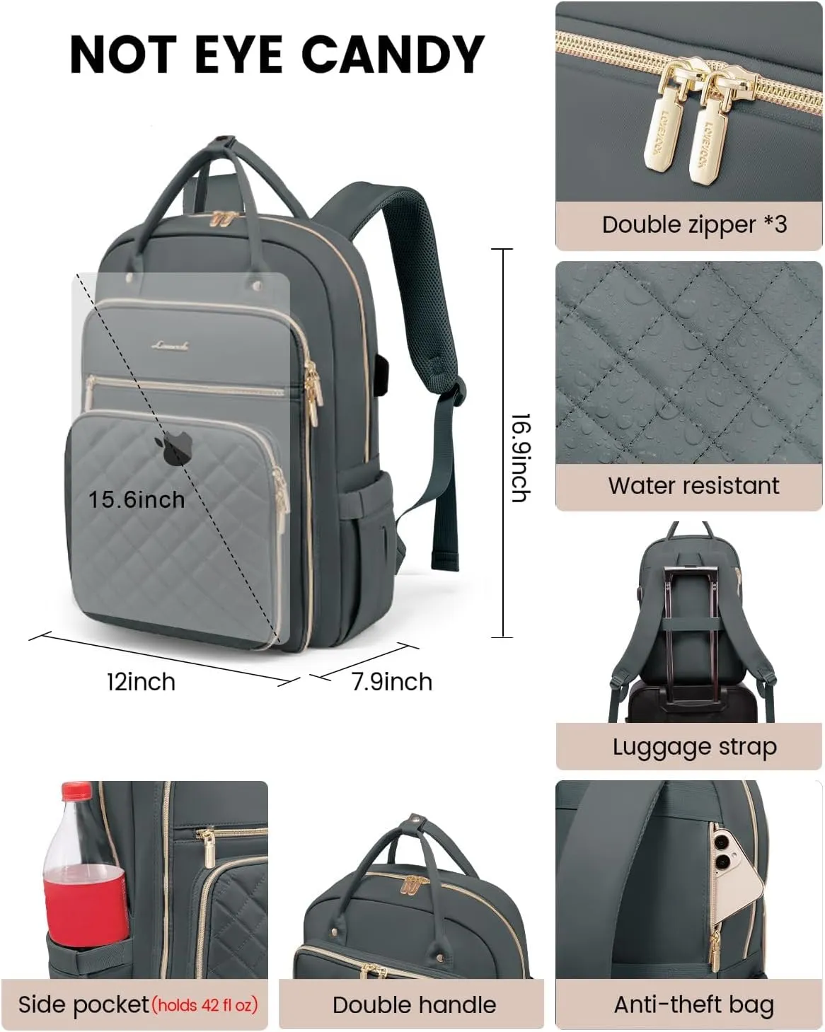 LOVEVOOK Laptop Backpack for Women, 15.6 Inch Computer Backpack for Teacher Nurse with Water Resistant, Lightweight Travel Work Backpack with USB Charging Port, Quilted Commuter Backpack, Dark Gray